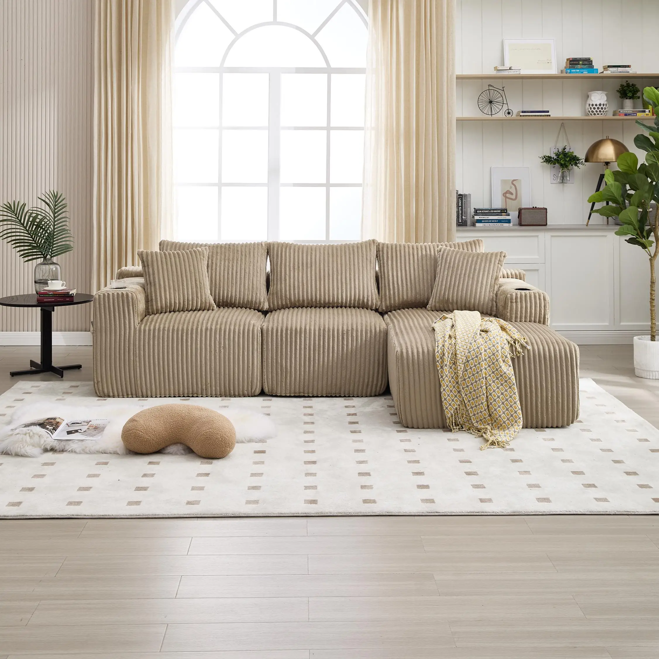 Corner Corduroy Sofa 257 x 160 x 80cm - Khaki - 8