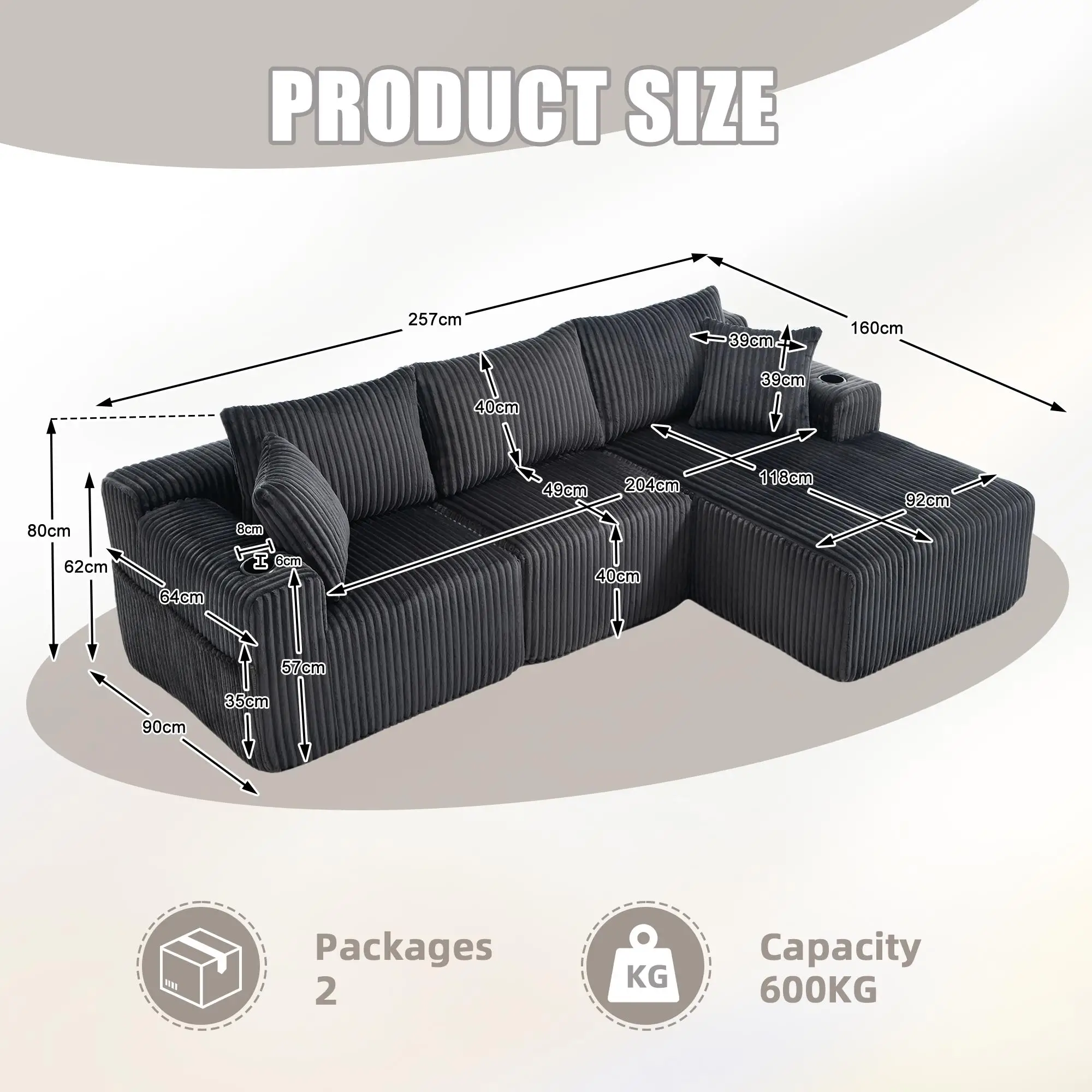 Corner Corduroy Sofa 257 x 160 x 80cm - Grey - 3