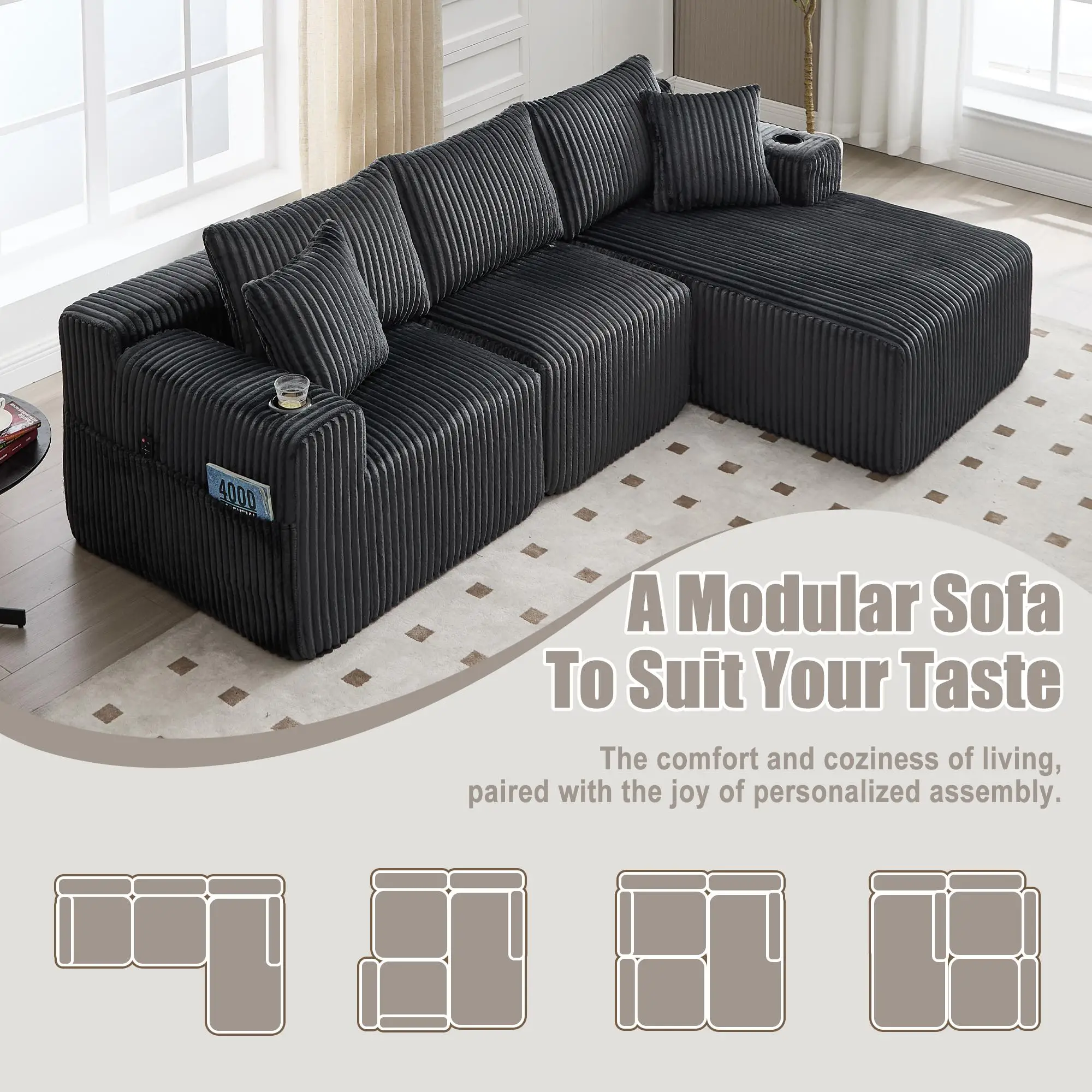 Corner Corduroy Sofa 257 x 160 x 80cm - Grey - 4