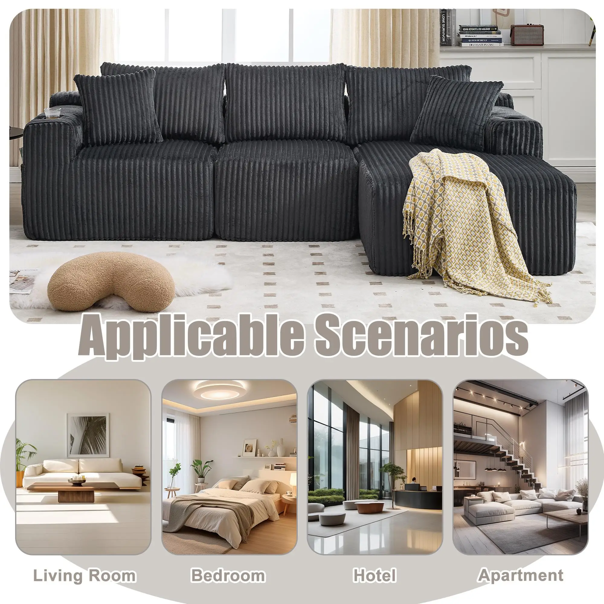 Corner Corduroy Sofa 257 x 160 x 80cm - Grey - 5
