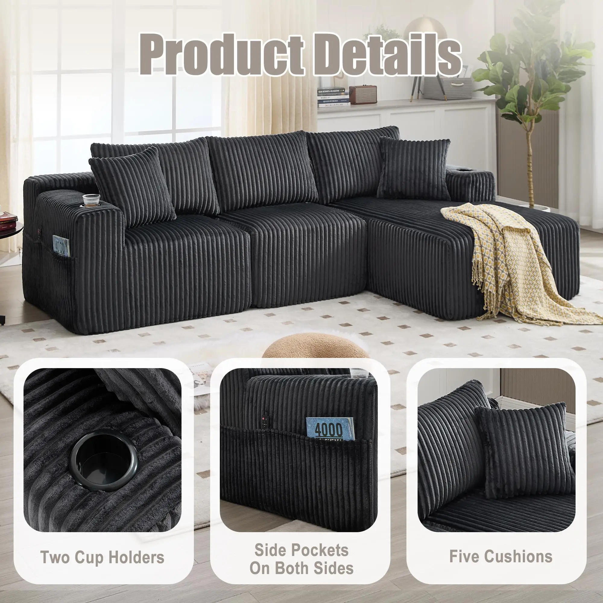 Corner Corduroy Sofa 257 x 160 x 80cm - Grey - 6