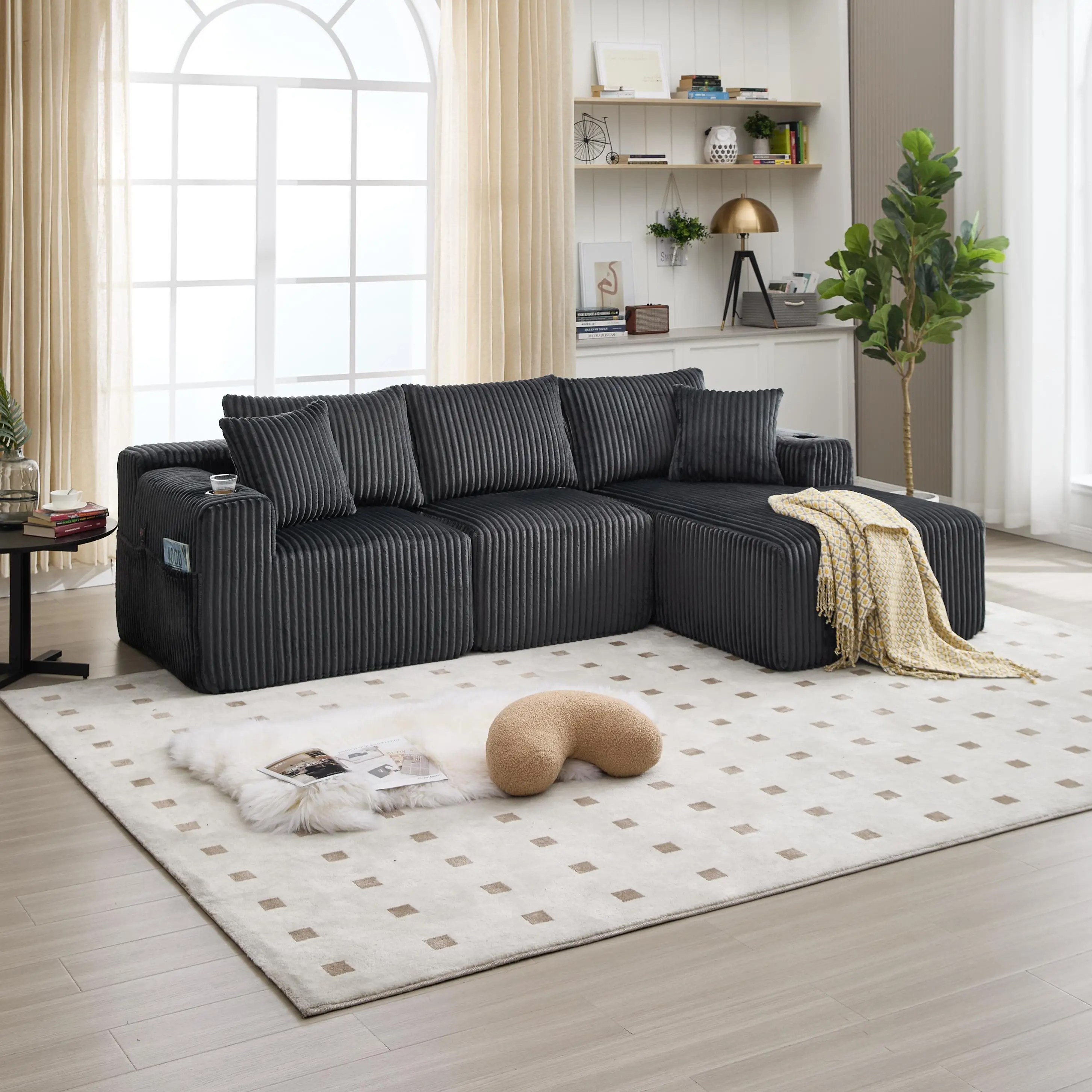 Corner Corduroy Sofa 257 x 160 x 80cm - Grey - 8