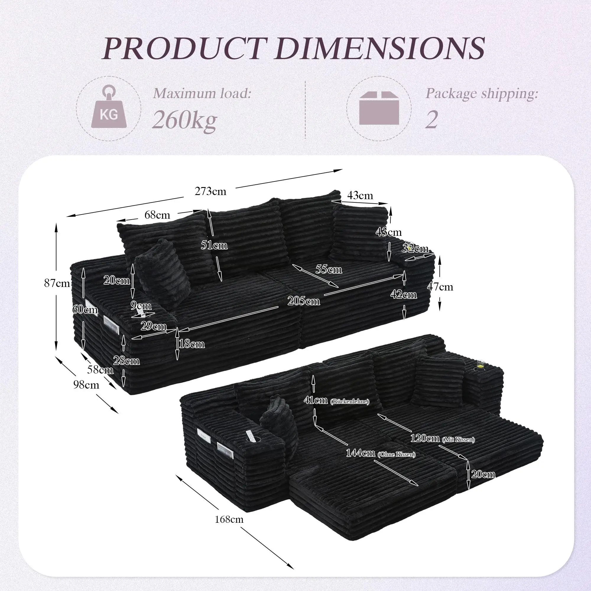 Corduroy Sofa Bed 273 x 98 x 87cm - Black - 3