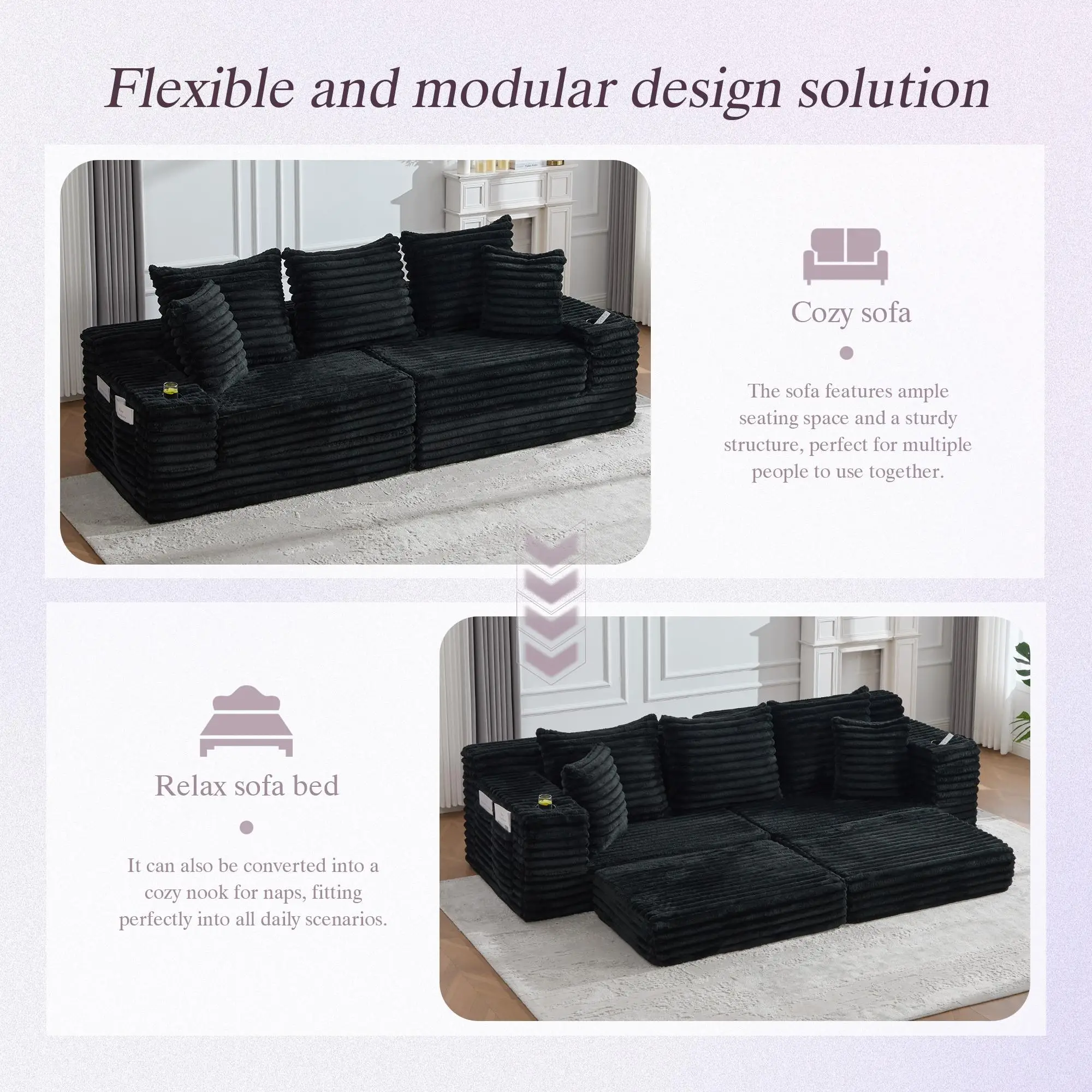 Corduroy Sofa Bed 273 x 98 x 87cm - Black - 4