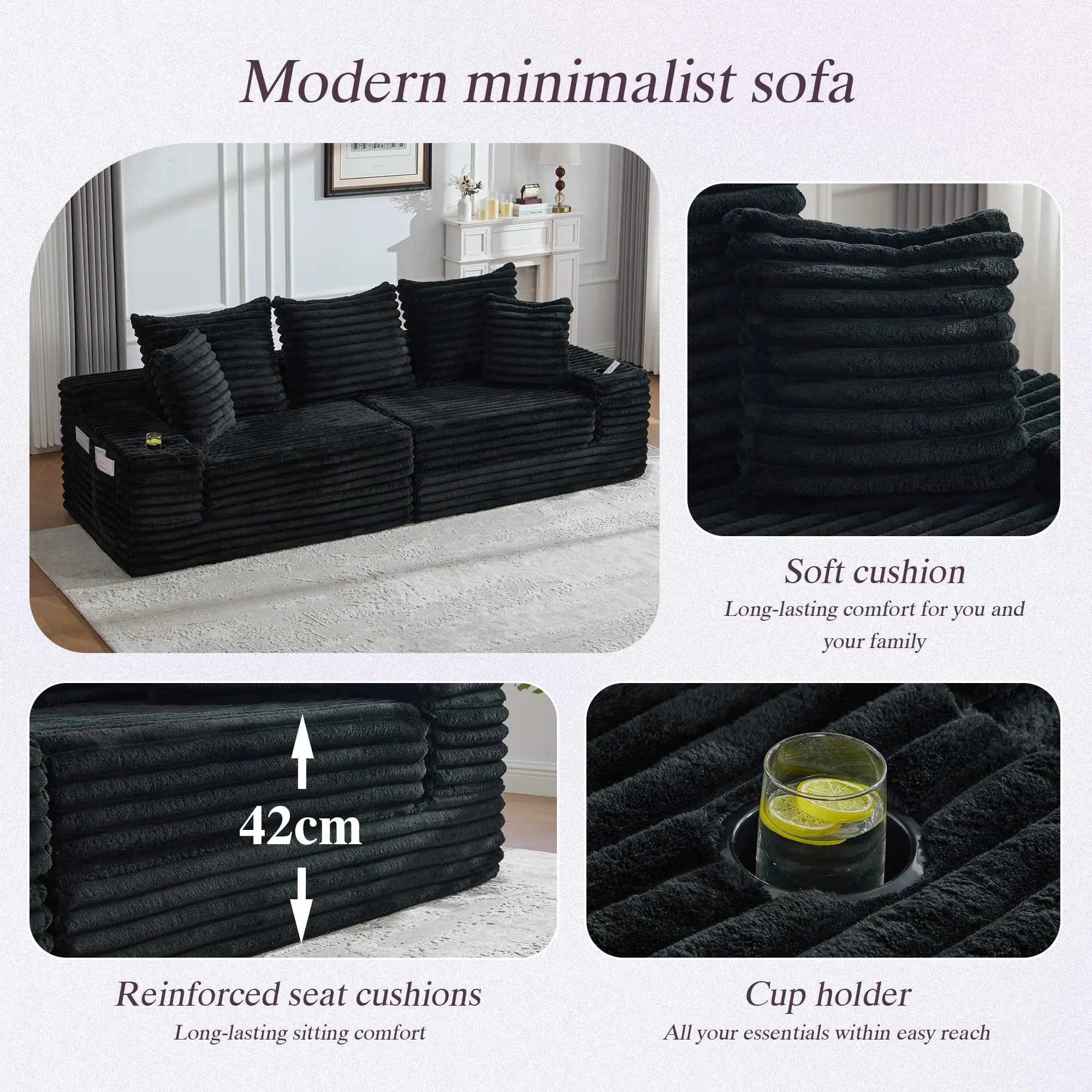 Corduroy Sofa Bed 273 x 98 x 87cm - Black - 5