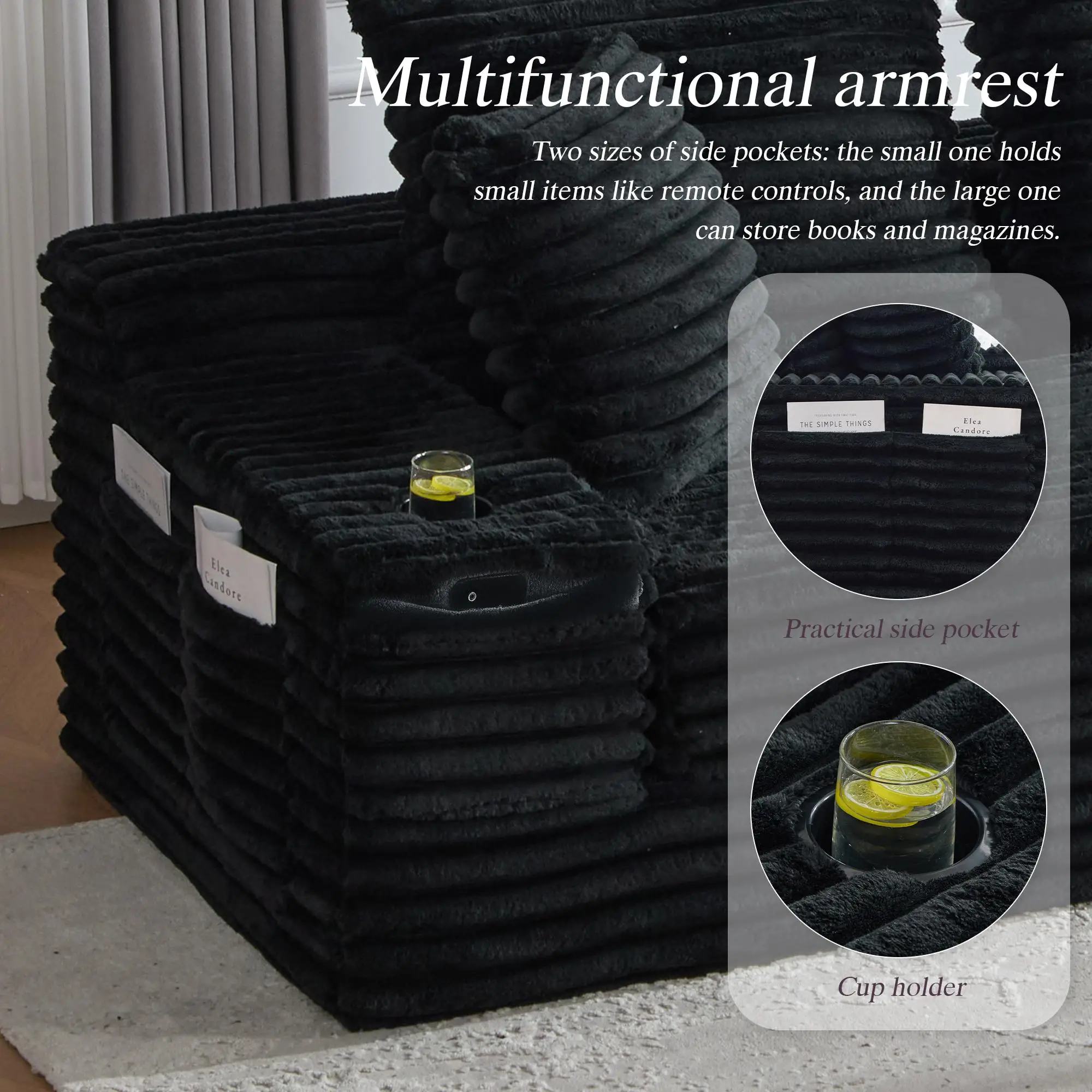Corduroy Sofa Bed 273 x 98 x 87cm - Black - 6