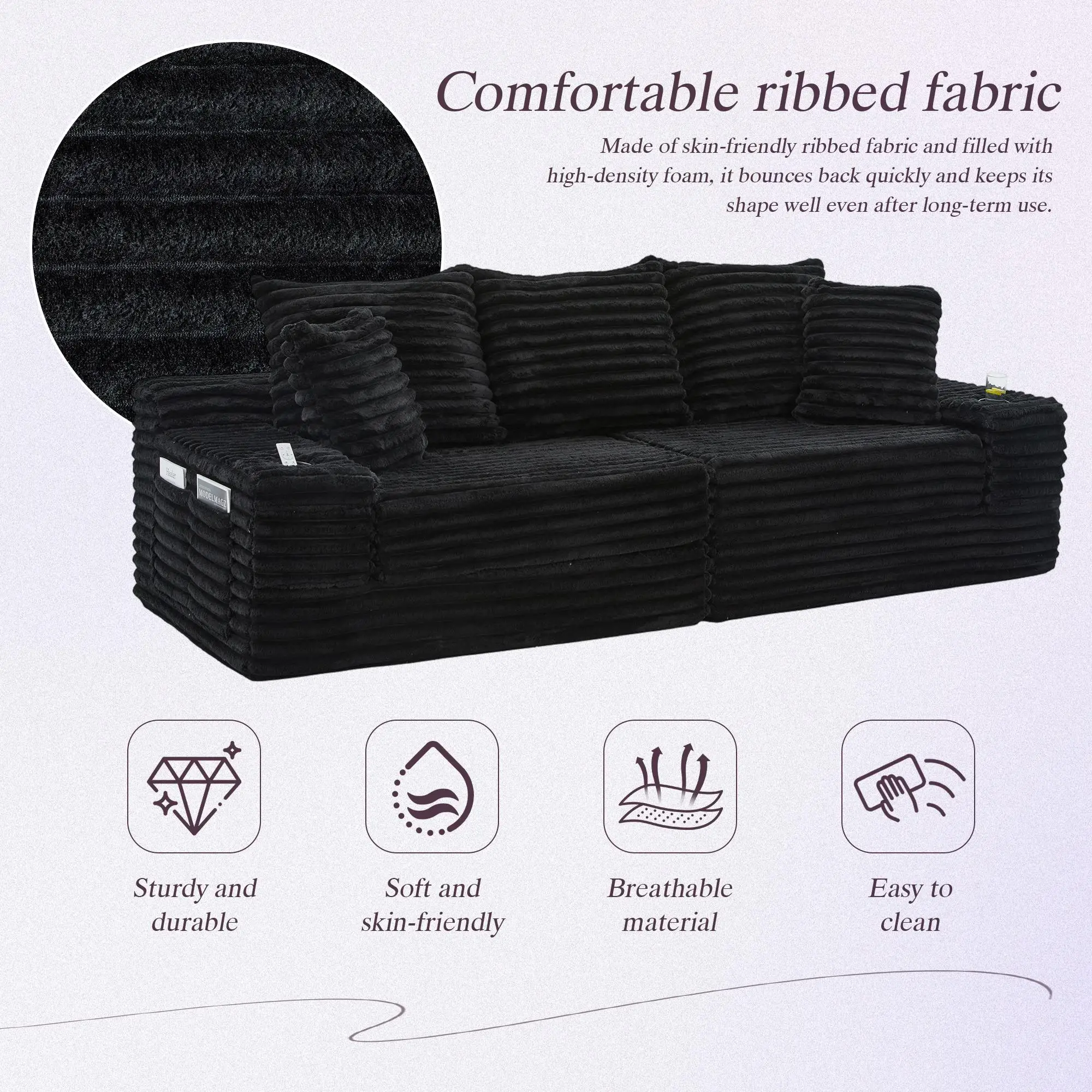 Corduroy Sofa Bed 273 x 98 x 87cm - Black - 7