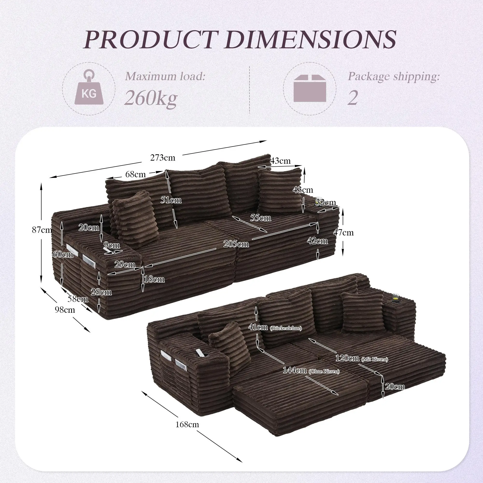 Corduroy Sofa Bed 273 x 98 x 87cm - Coffee - 3