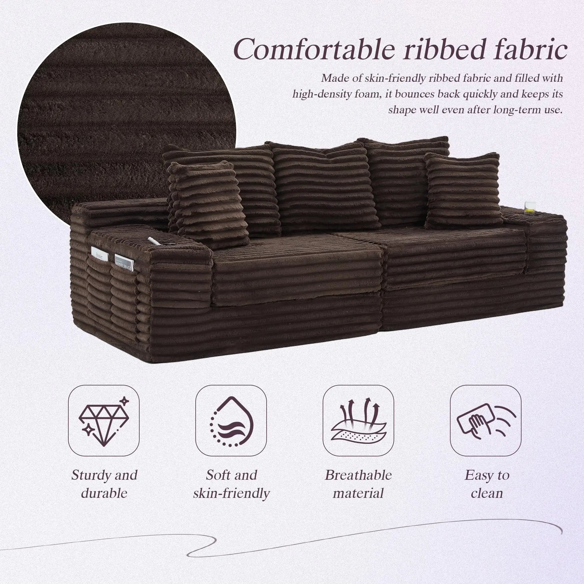 Corduroy Sofa Bed 273 x 98 x 87cm - Coffee - 4