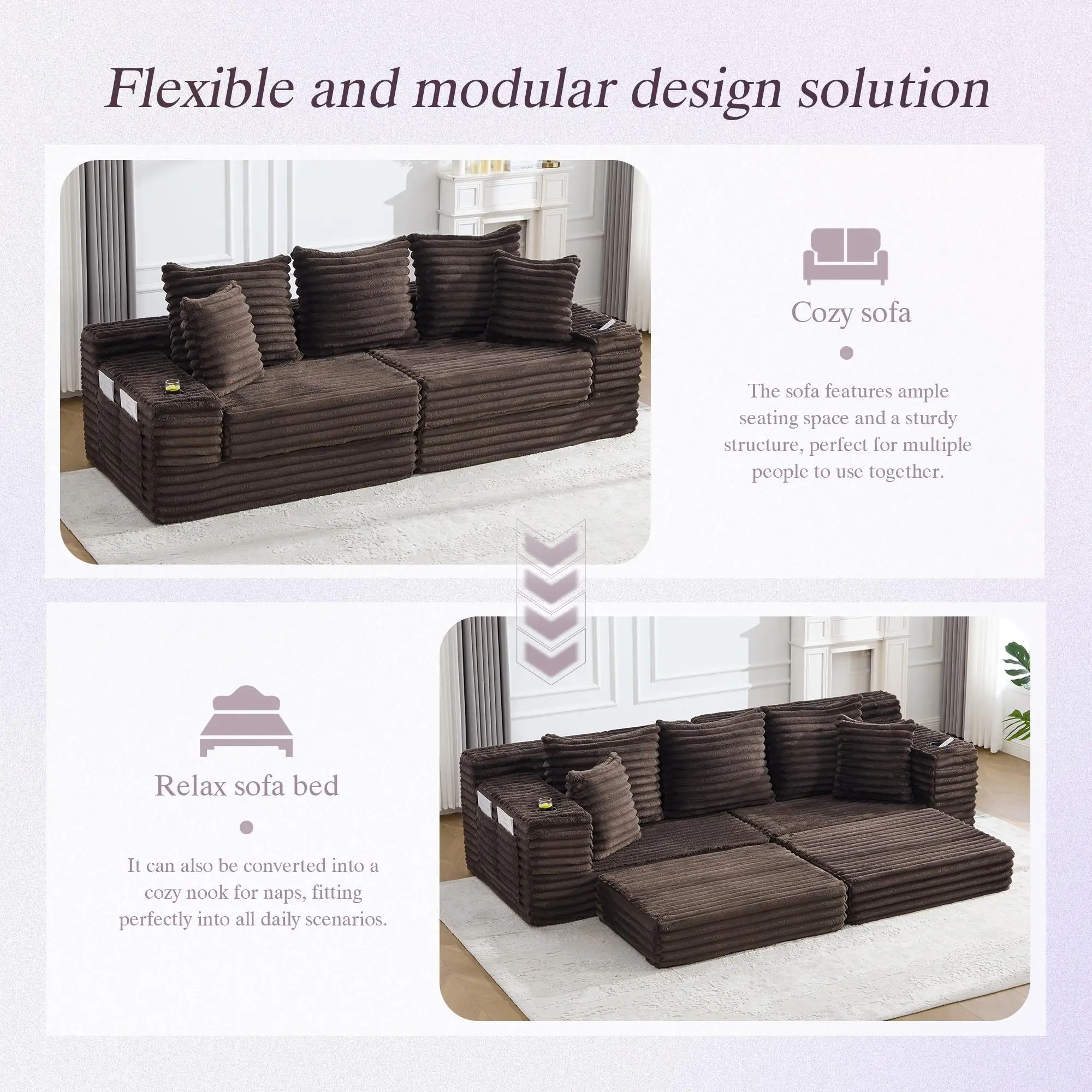 Corduroy Sofa Bed 273 x 98 x 87cm - Coffee - 5