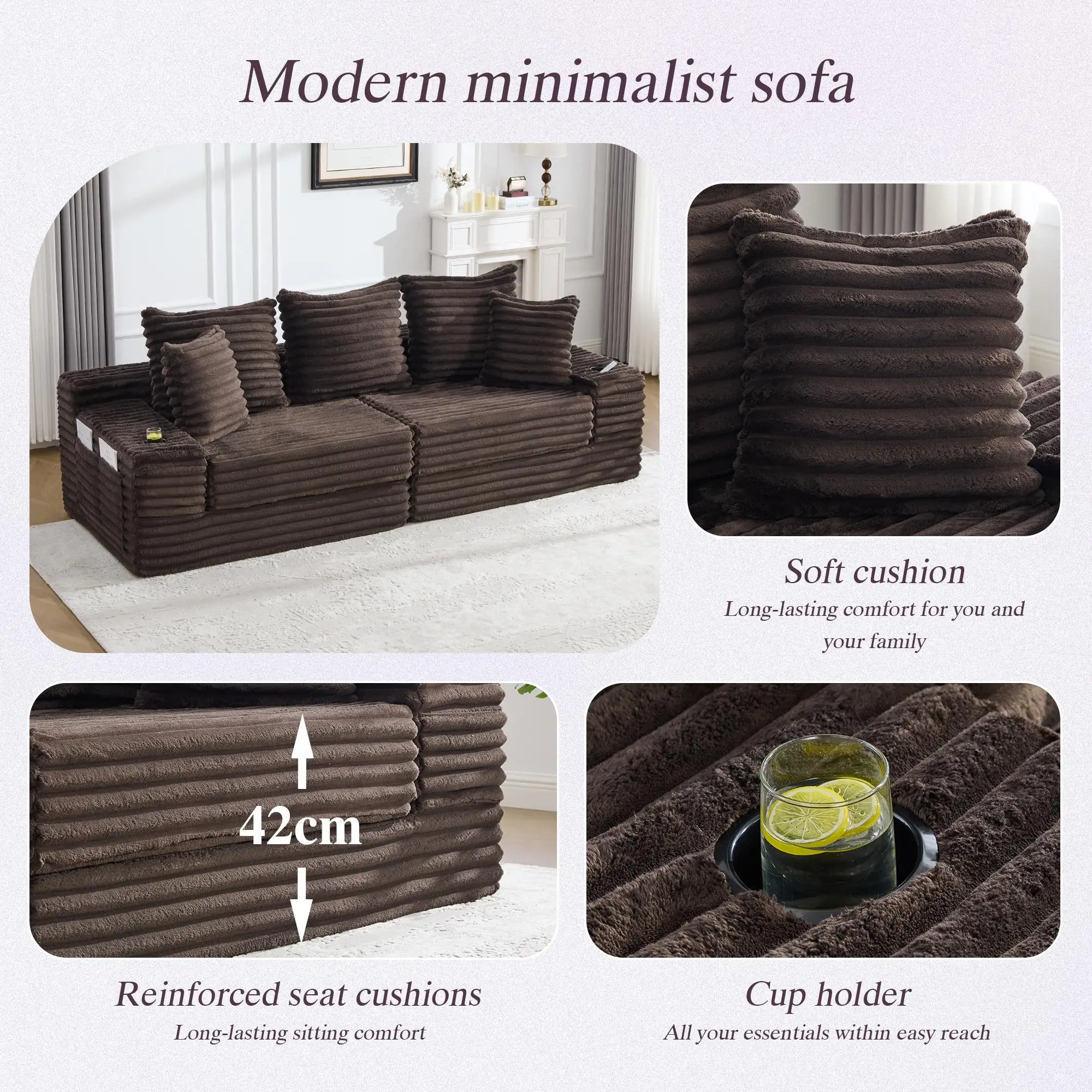 Corduroy Sofa Bed 273 x 98 x 87cm - Coffee - 7