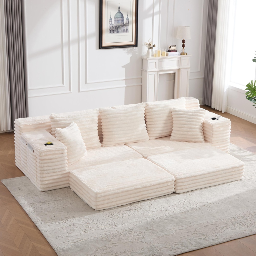 Corduroy Sofa Bed 273 x 98 x 87cm - Beige - 1
