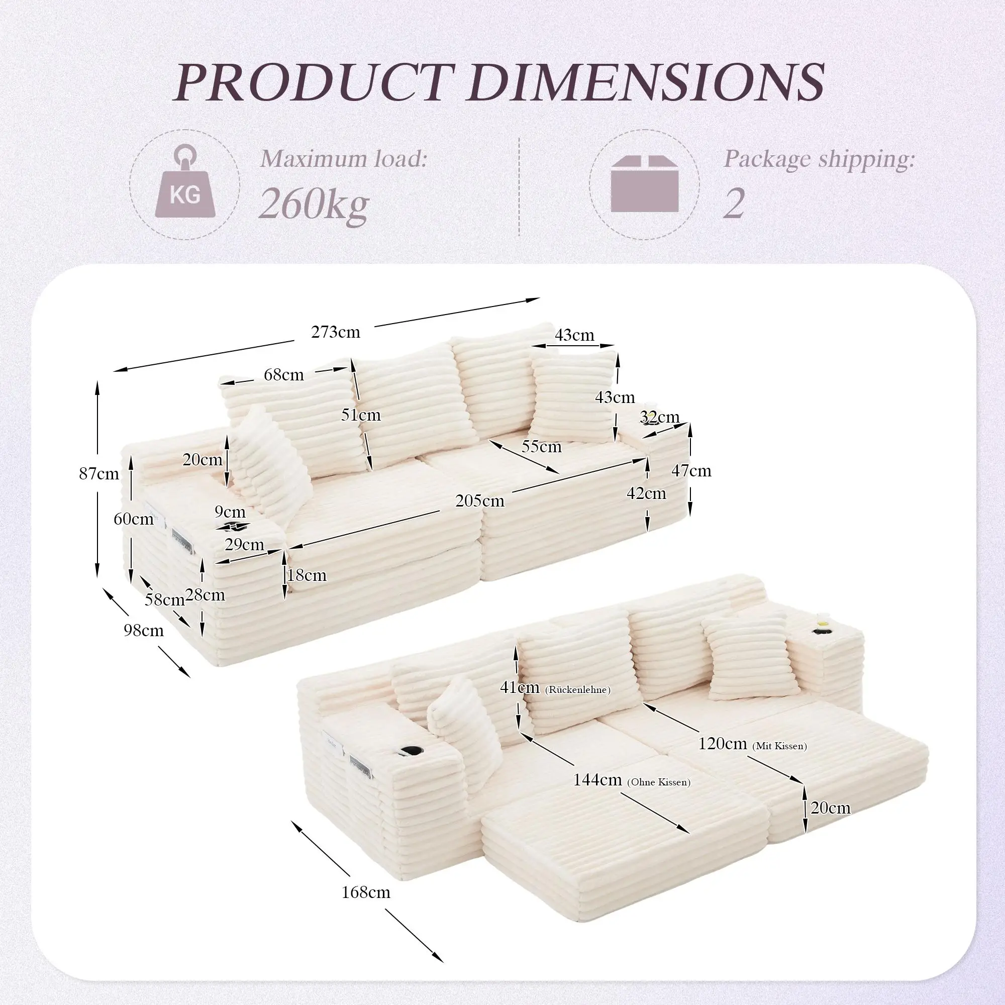 Corduroy Sofa Bed 273 x 98 x 87cm - Beige - 3