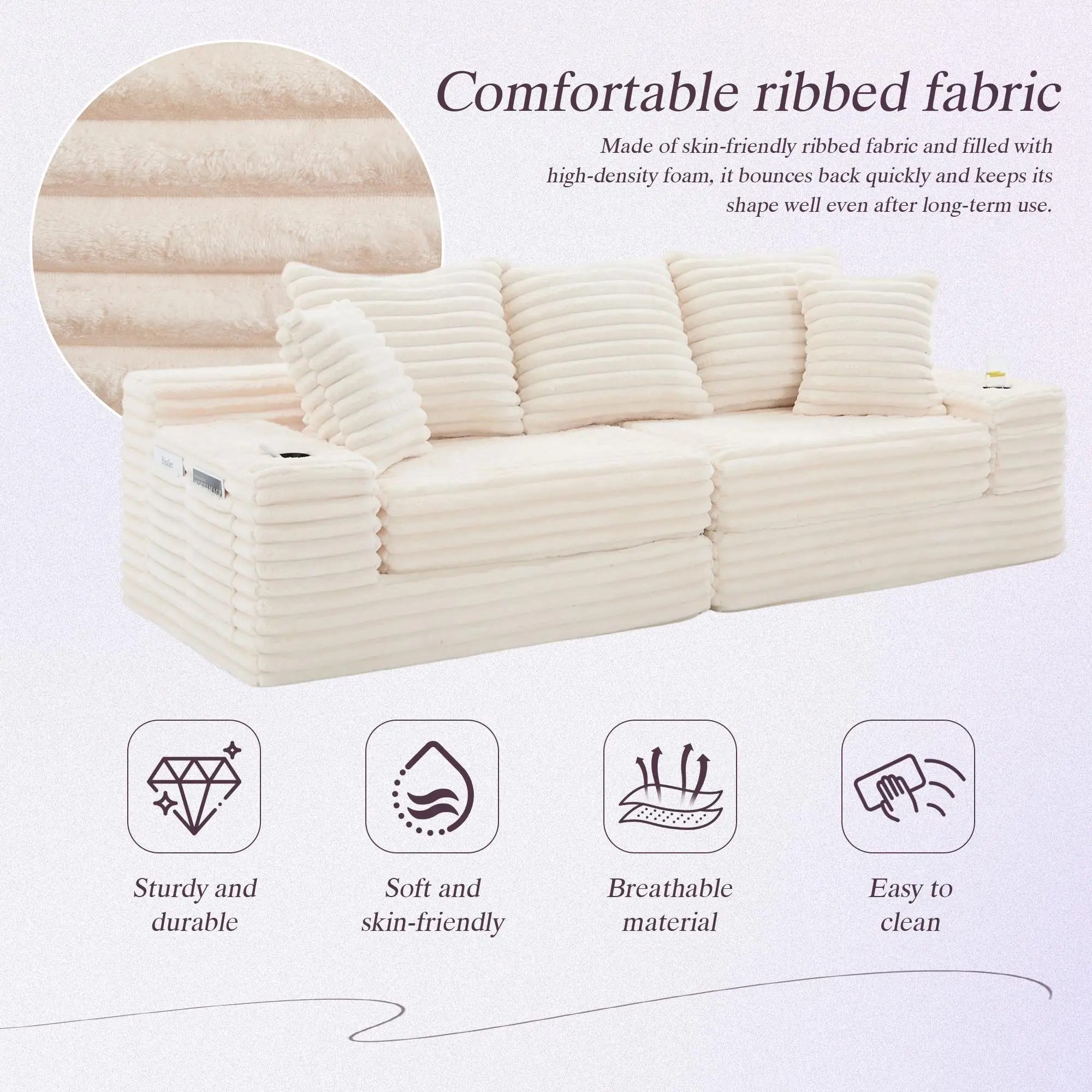 Corduroy Sofa Bed 273 x 98 x 87cm - Beige - 4