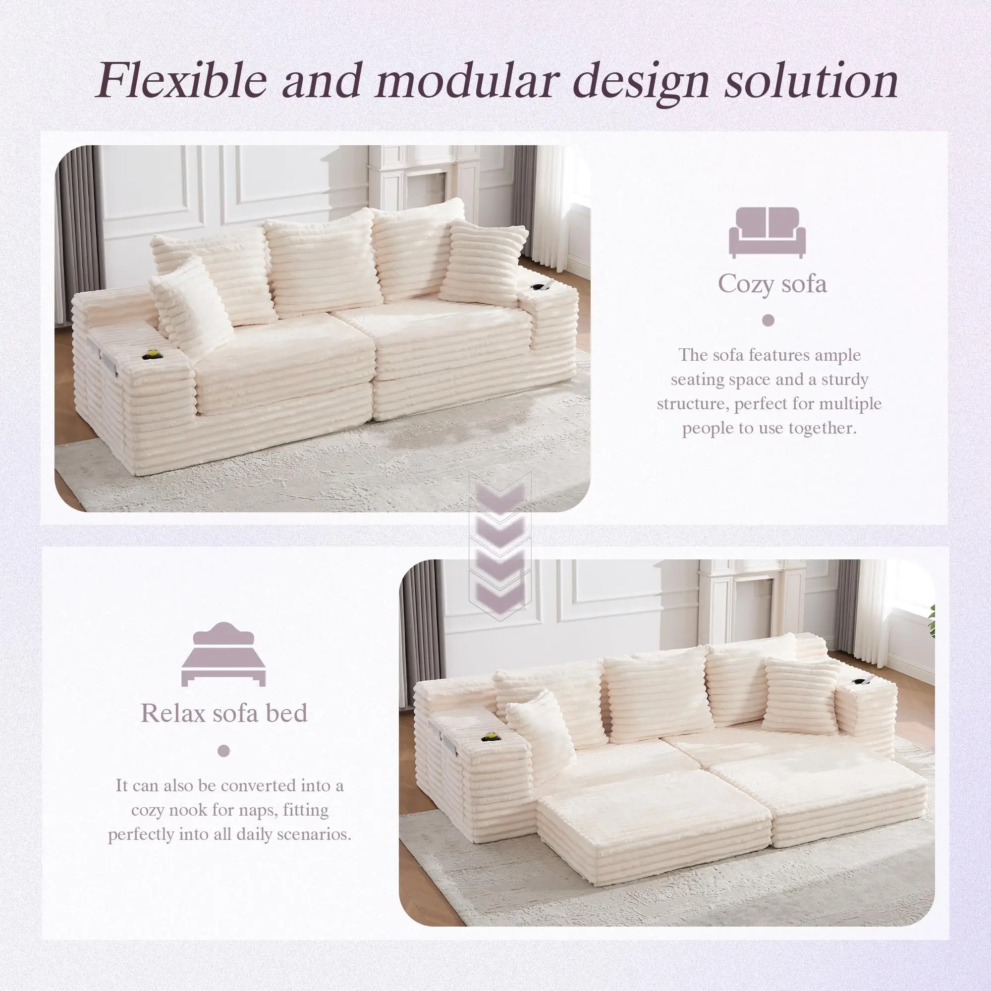 Corduroy Sofa Bed 273 x 98 x 87cm - Beige - 5