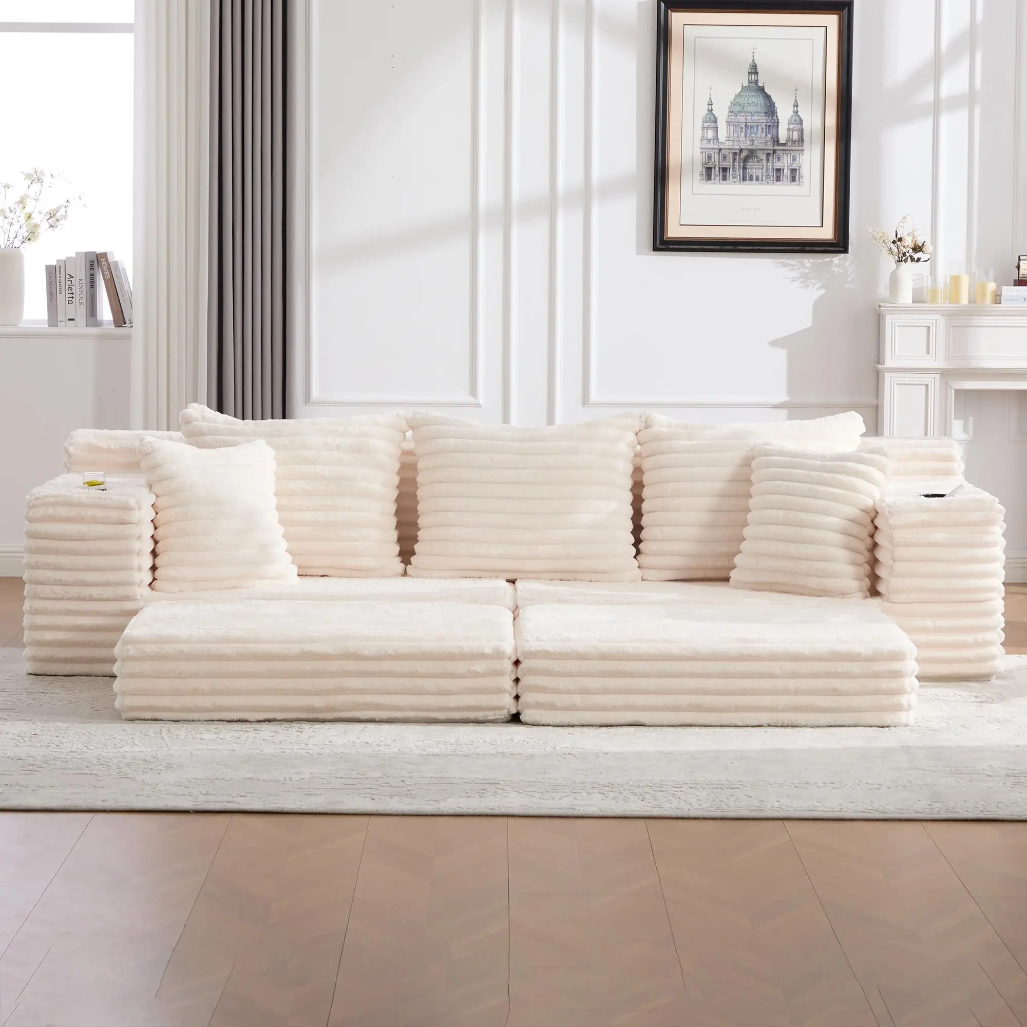 Corduroy Sofa Bed 273 x 98 x 87cm - Beige - 9
