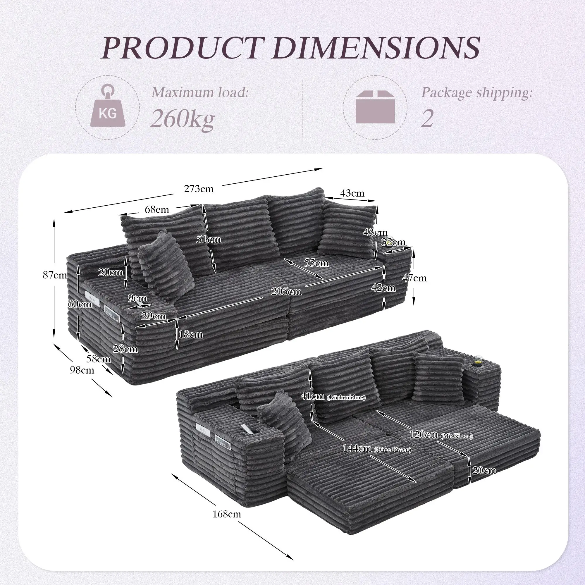 Corduroy Sofa Bed 273 x 98 x 87cm - Dark Grey - 3
