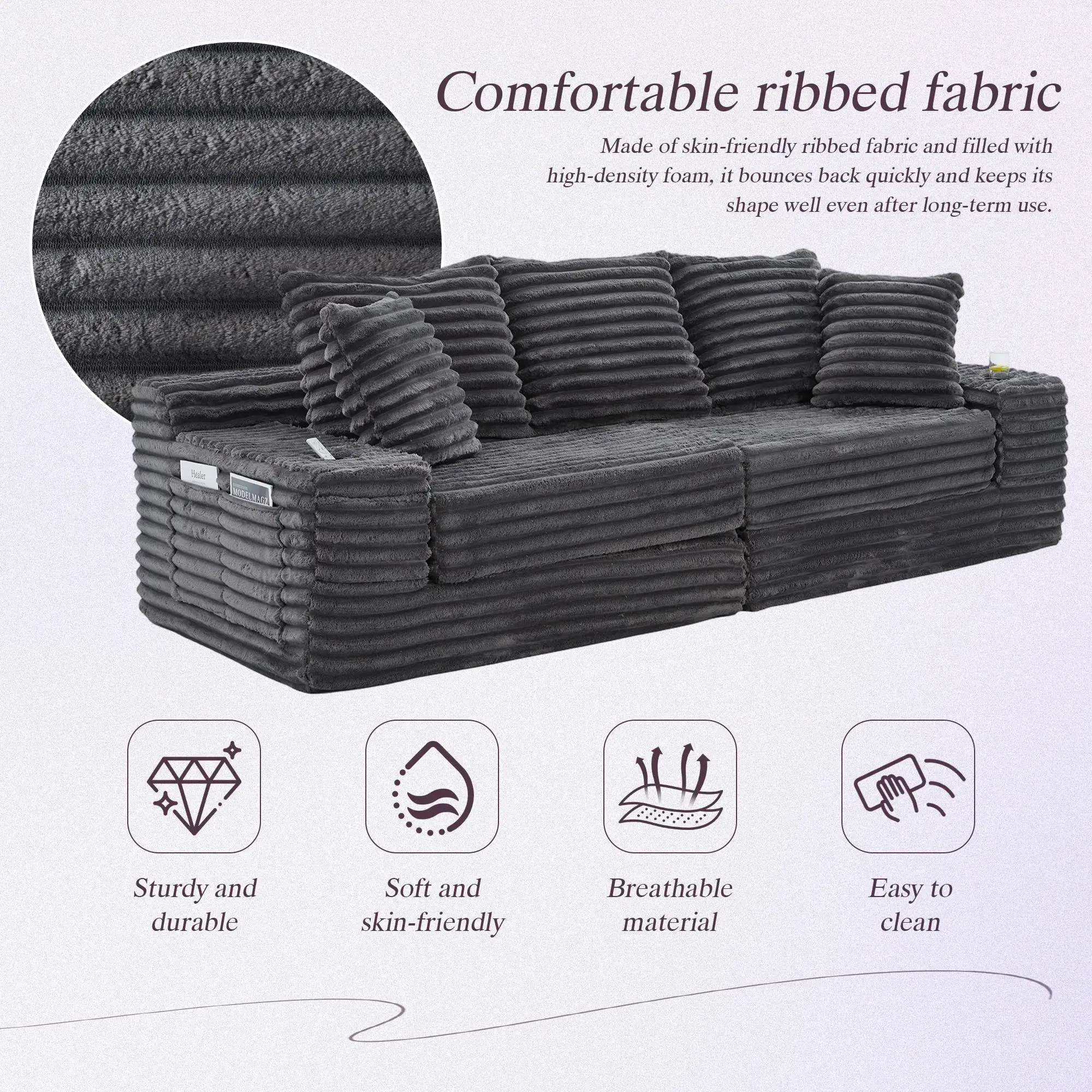 Corduroy Sofa Bed 273 x 98 x 87cm - Dark Grey - 4