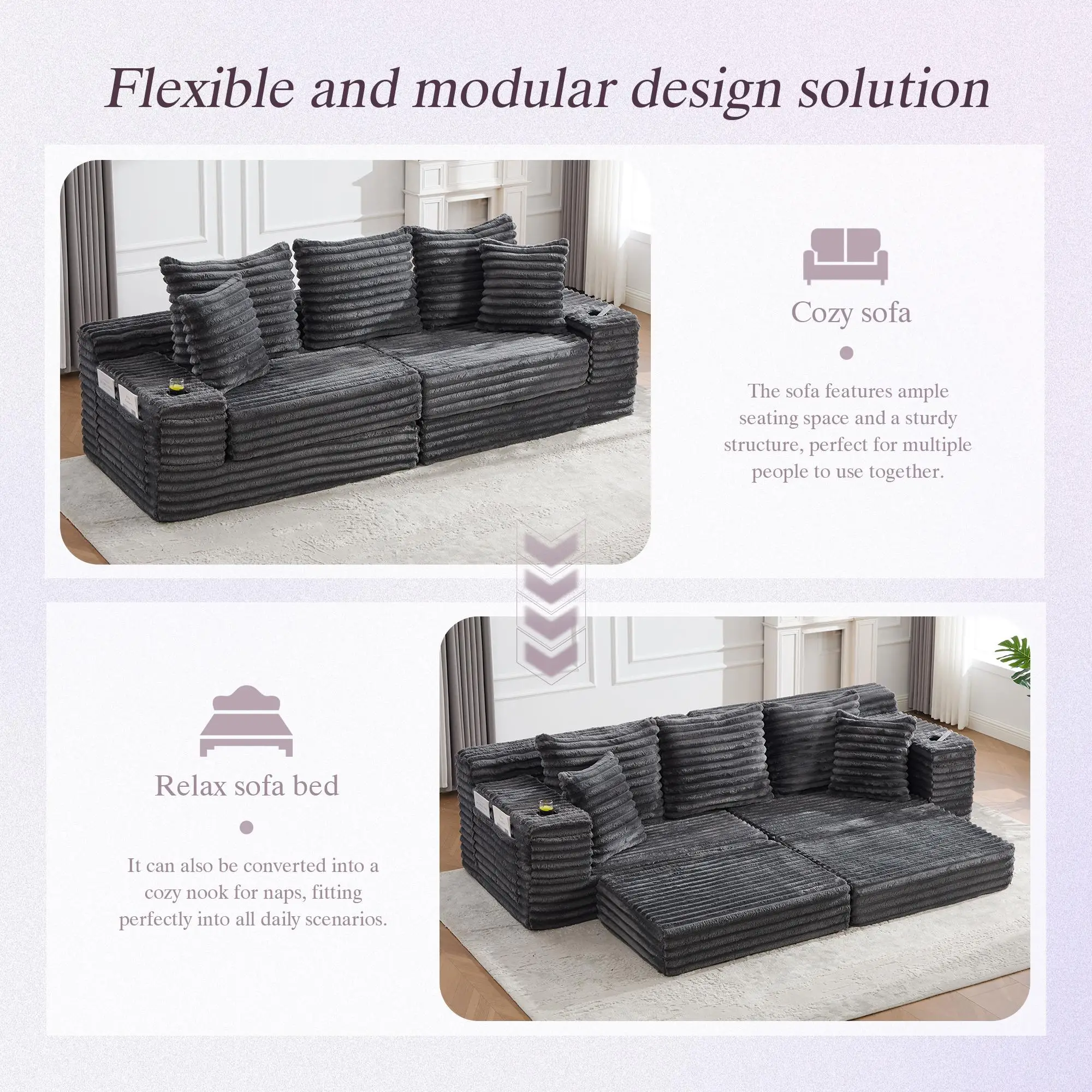 Corduroy Sofa Bed 273 x 98 x 87cm - Dark Grey - 5