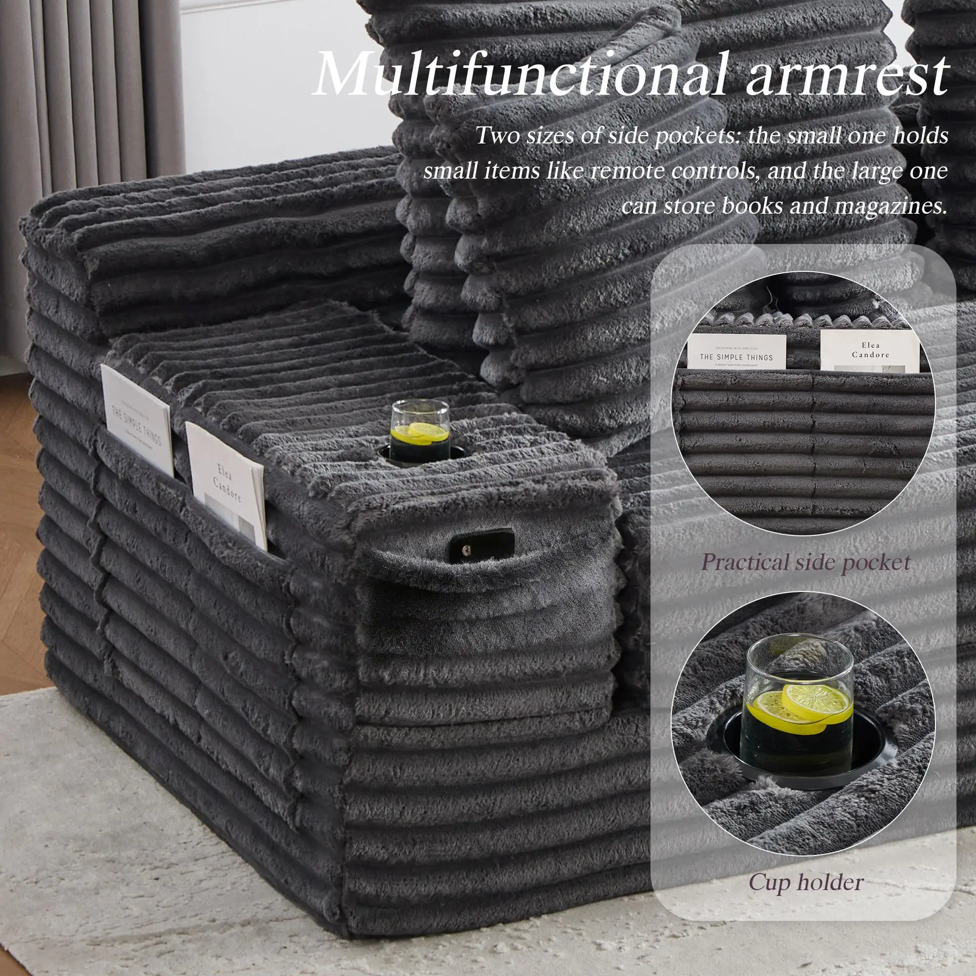 Corduroy Sofa Bed 273 x 98 x 87cm - Dark Grey - 6