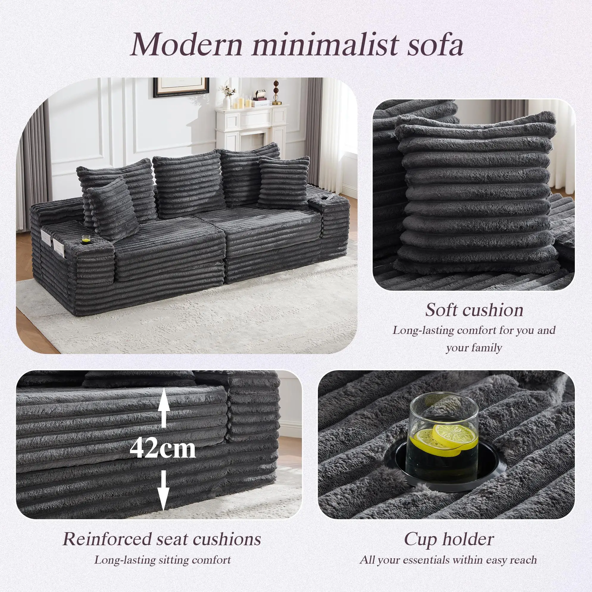 Corduroy Sofa Bed 273 x 98 x 87cm - Dark Grey - 7