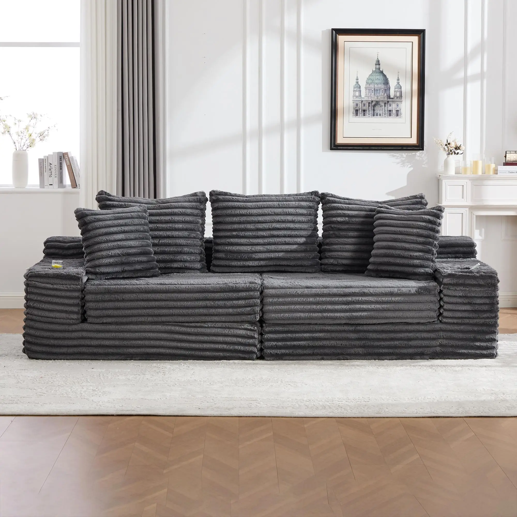 Corduroy Sofa Bed 273 x 98 x 87cm - Dark Grey - 9