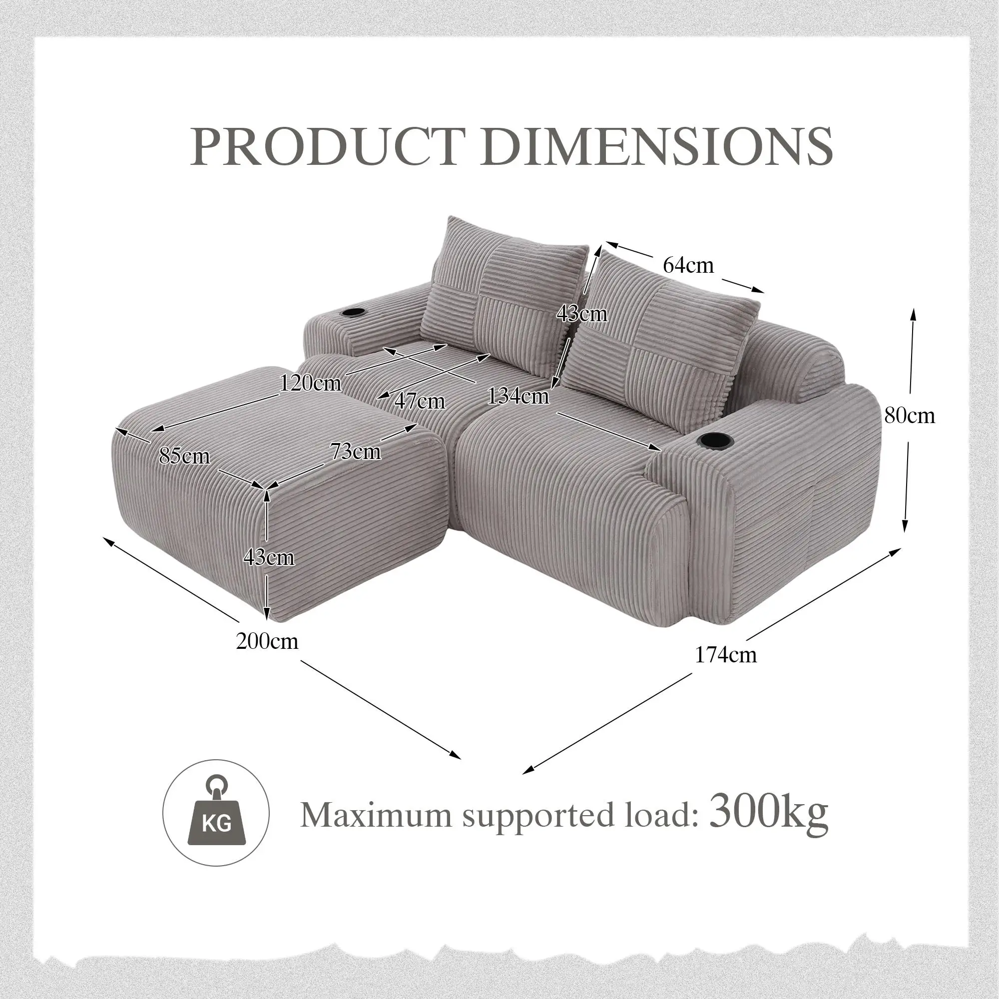 2 Seater Corduroy Sofa 200 x 174 x 80cm - Light Grey - 3