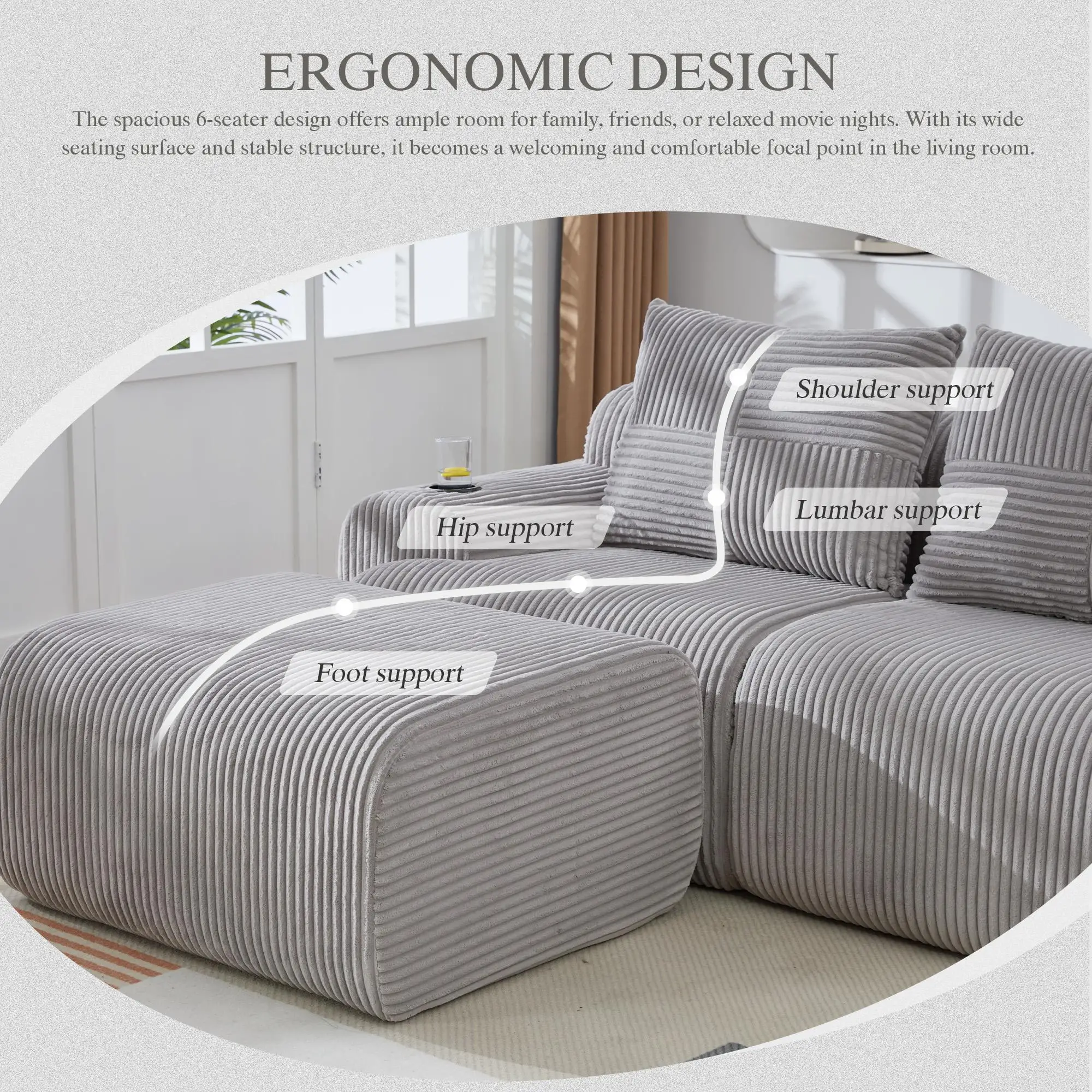 2 Seater Corduroy Sofa 200 x 174 x 80cm - Light Grey - 4