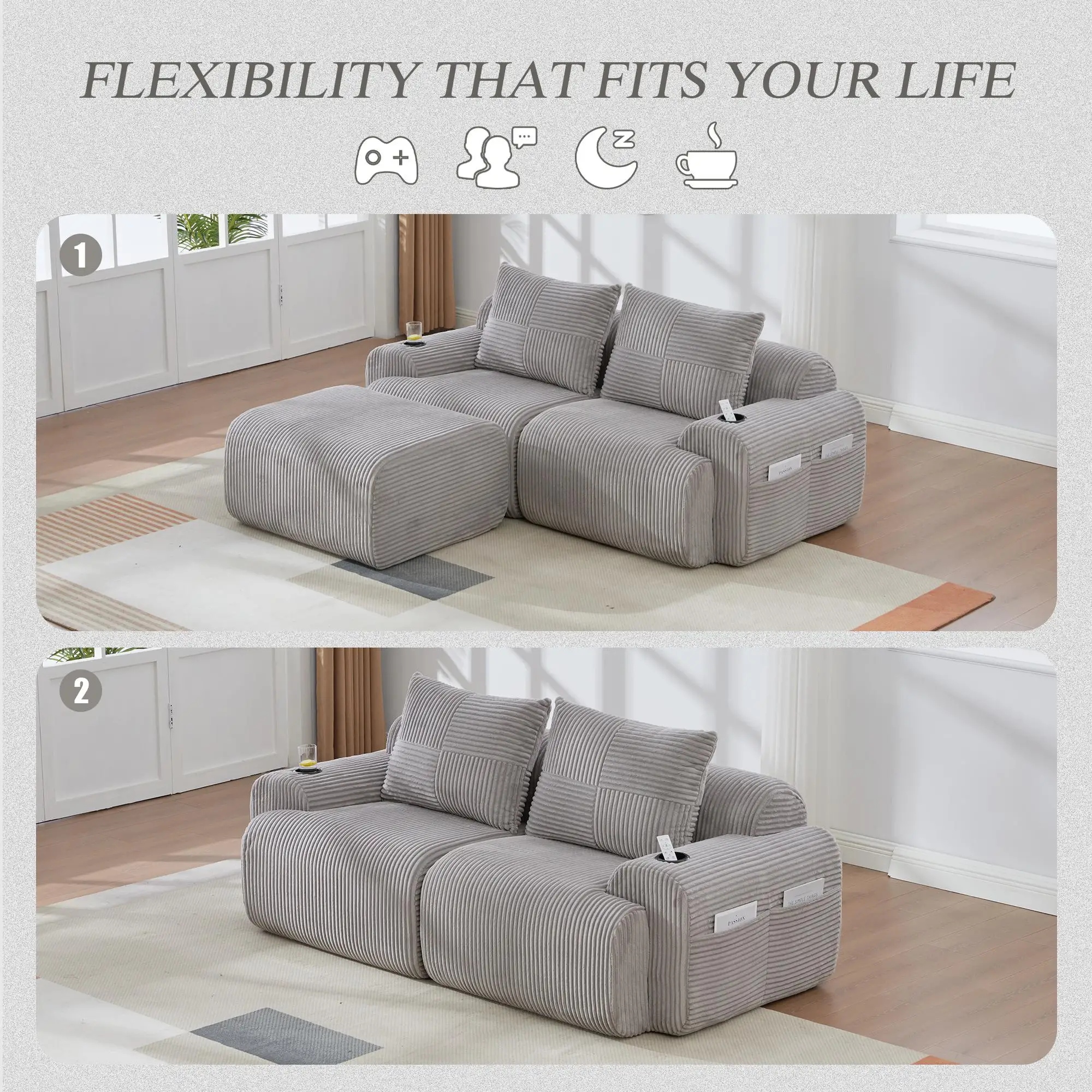 2 Seater Corduroy Sofa 200 x 174 x 80cm - Light Grey - 5