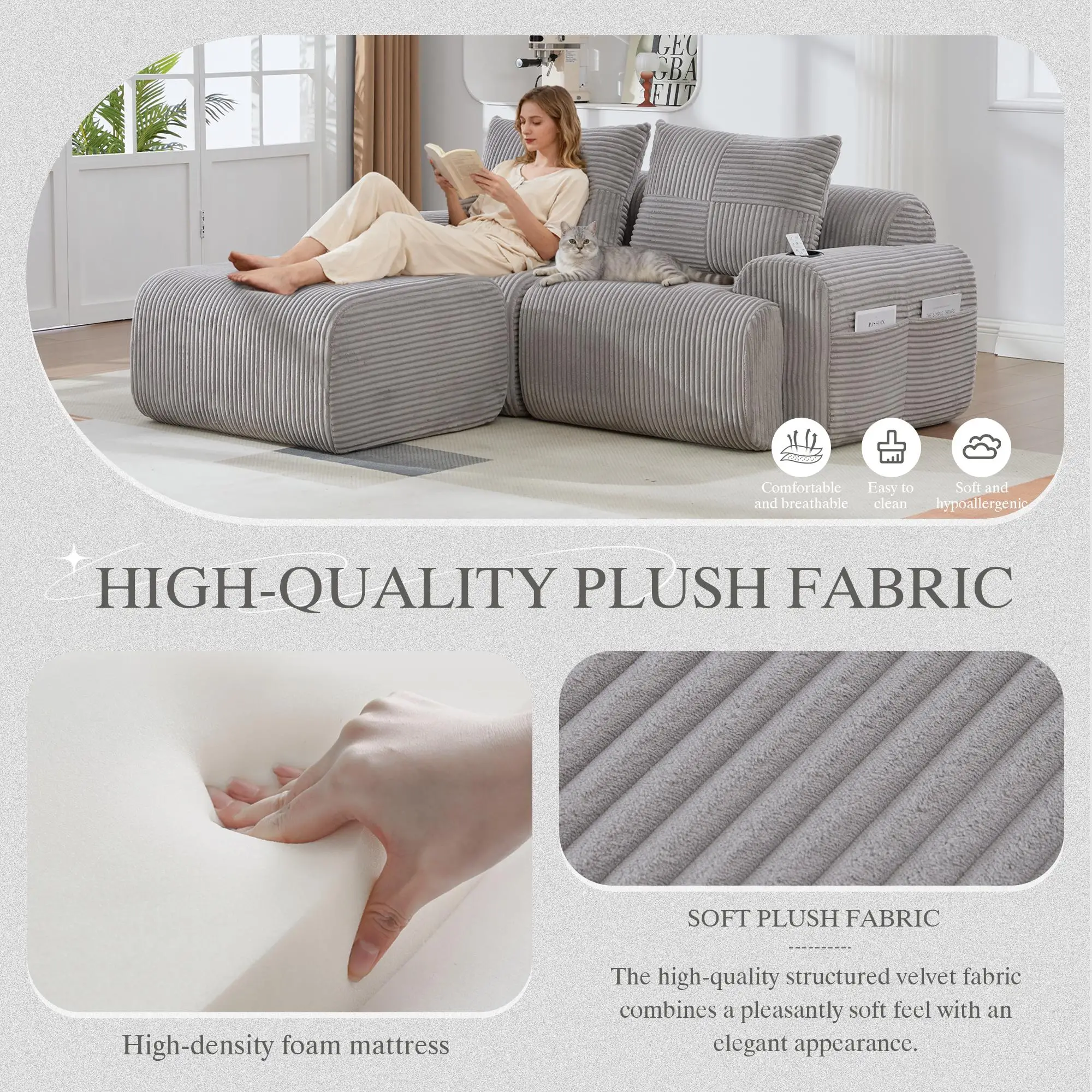 2 Seater Corduroy Sofa 200 x 174 x 80cm - Light Grey - 6