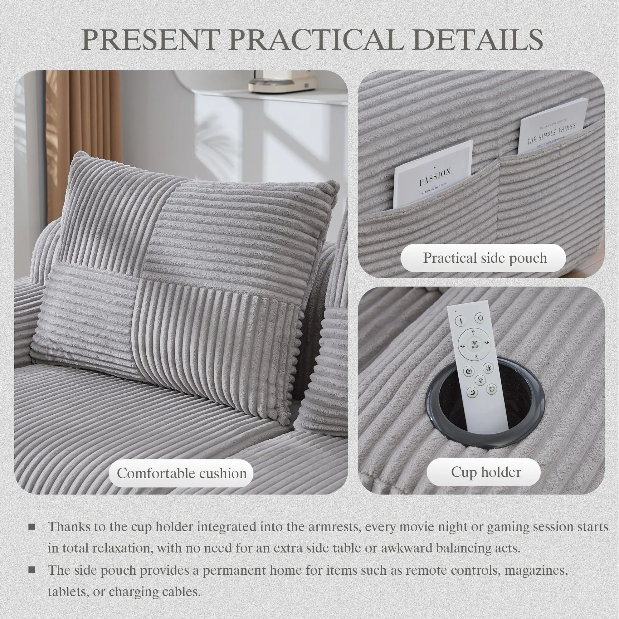 2 Seater Corduroy Sofa 200 x 174 x 80cm - Light Grey - 7