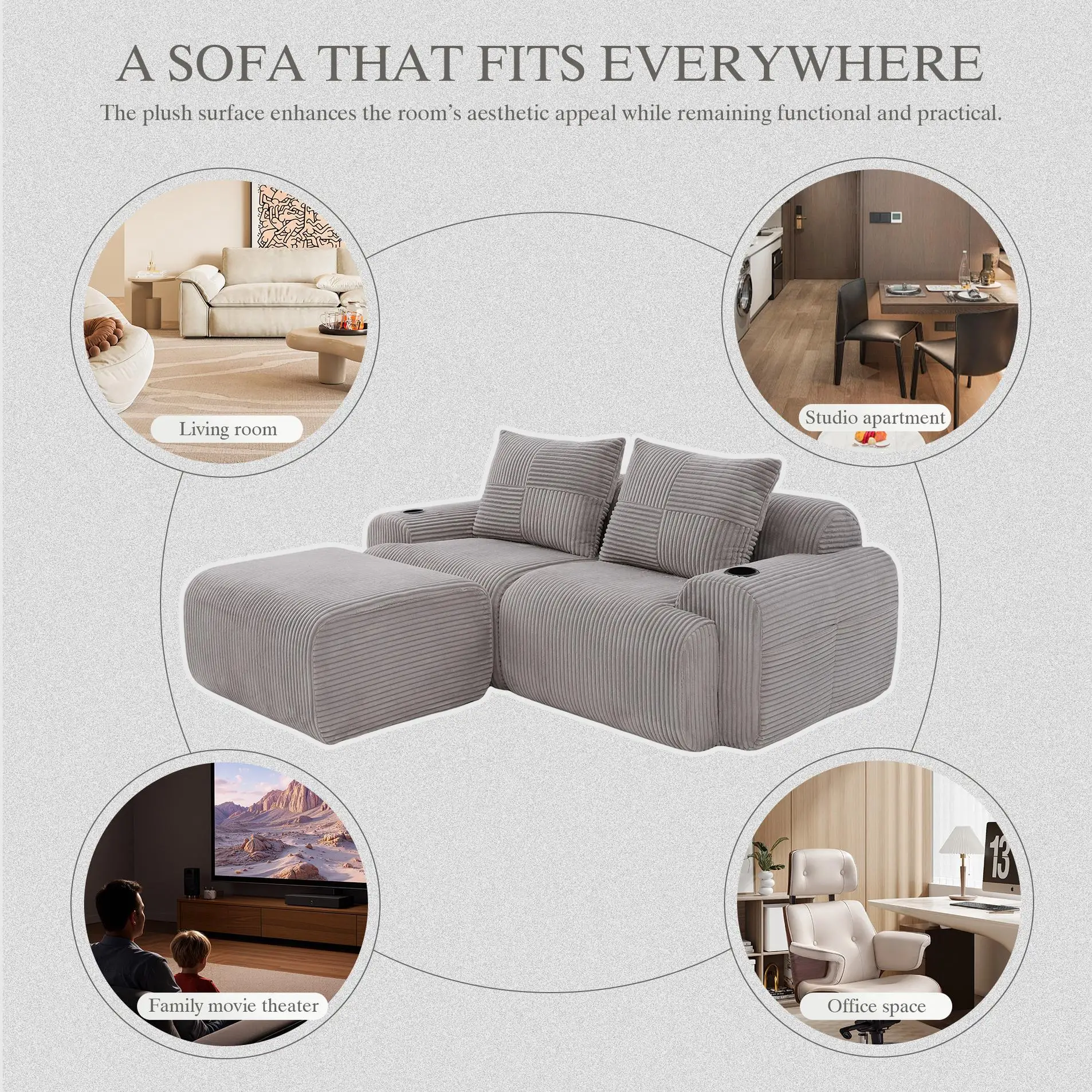2 Seater Corduroy Sofa 200 x 174 x 80cm - Light Grey - 8
