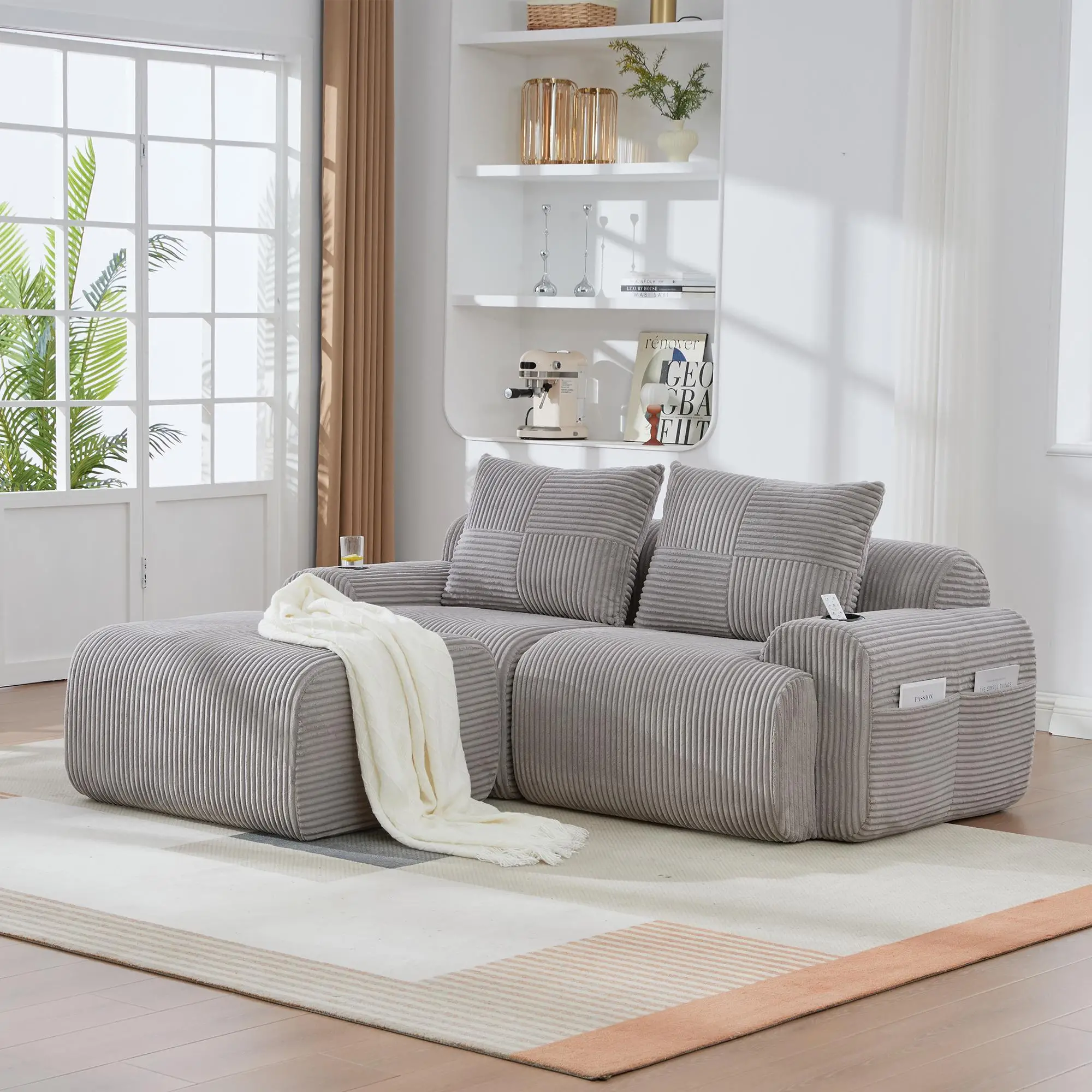 2 Seater Corduroy Sofa 200 x 174 x 80cm - Light Grey - 9