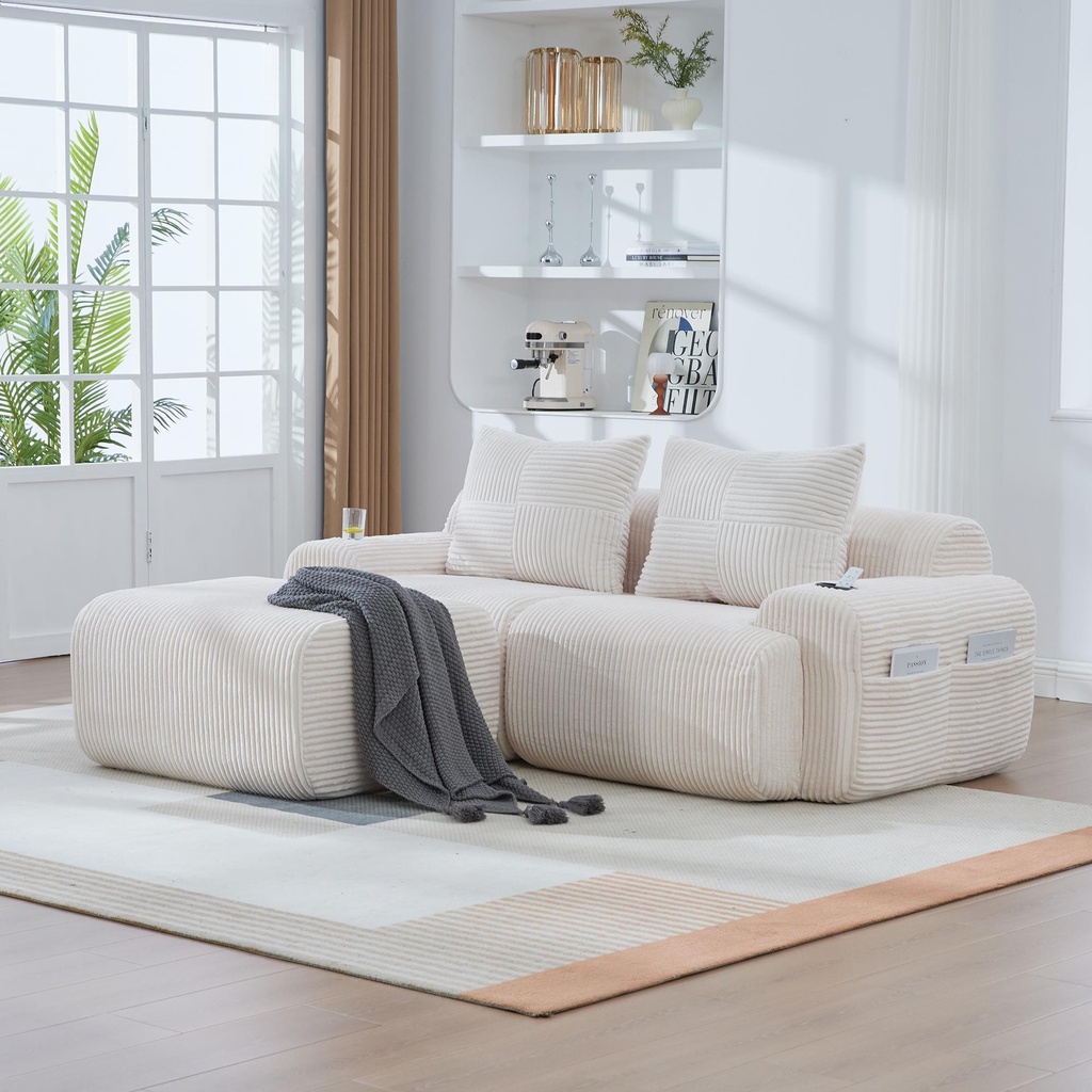 2 Seater Corduroy Sofa 200 x 174 x 80cm - Beige - 1