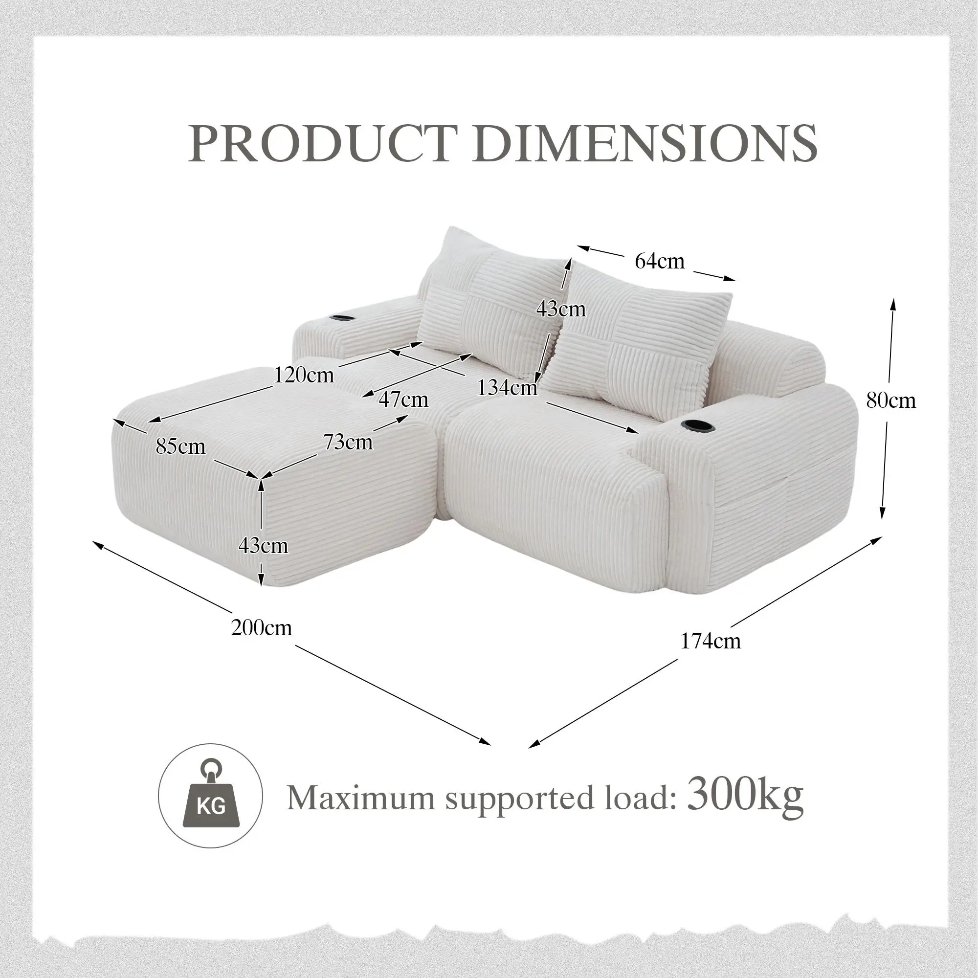 2 Seater Corduroy Sofa 200 x 174 x 80cm - Beige - 3