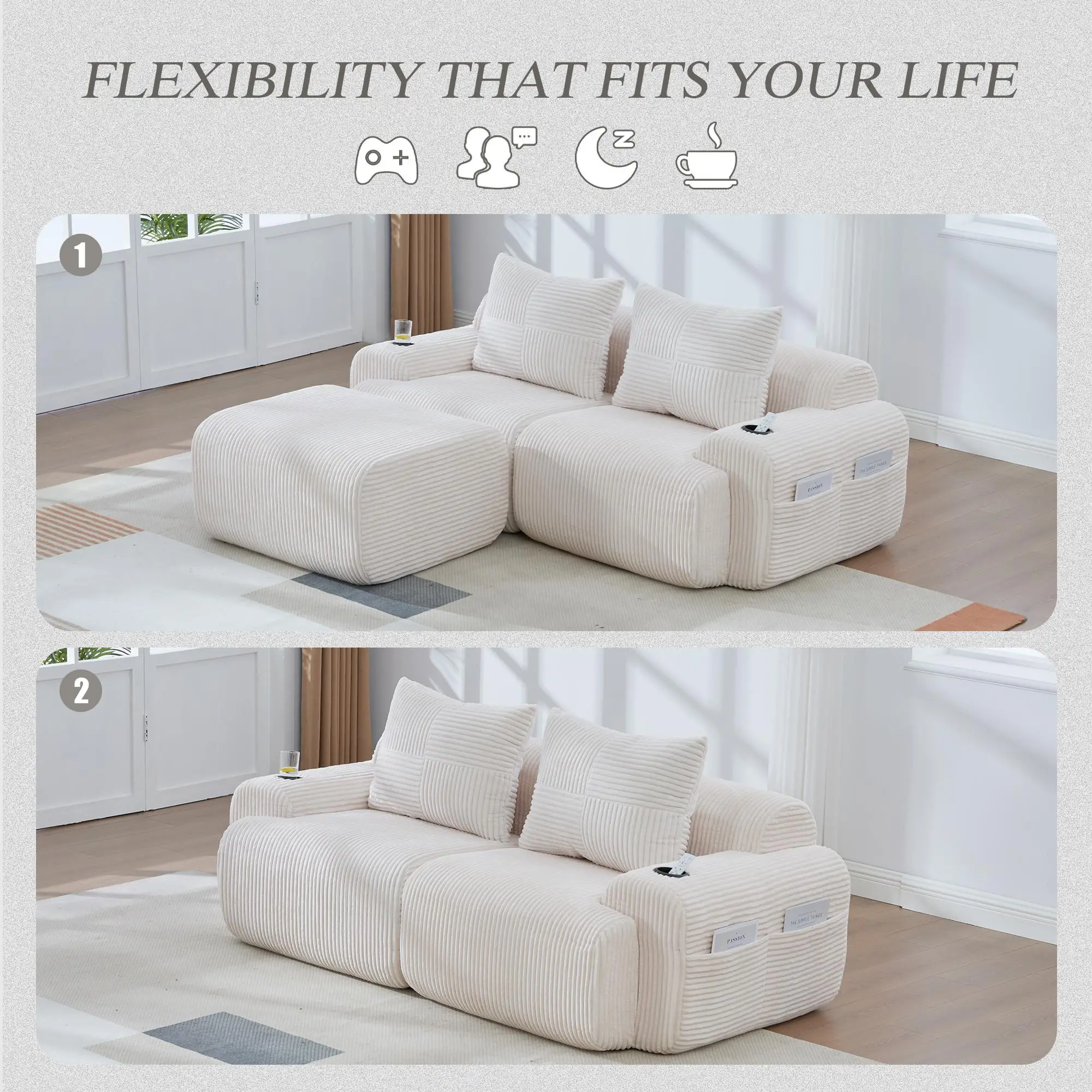 2 Seater Corduroy Sofa 200 x 174 x 80cm - Beige - 4