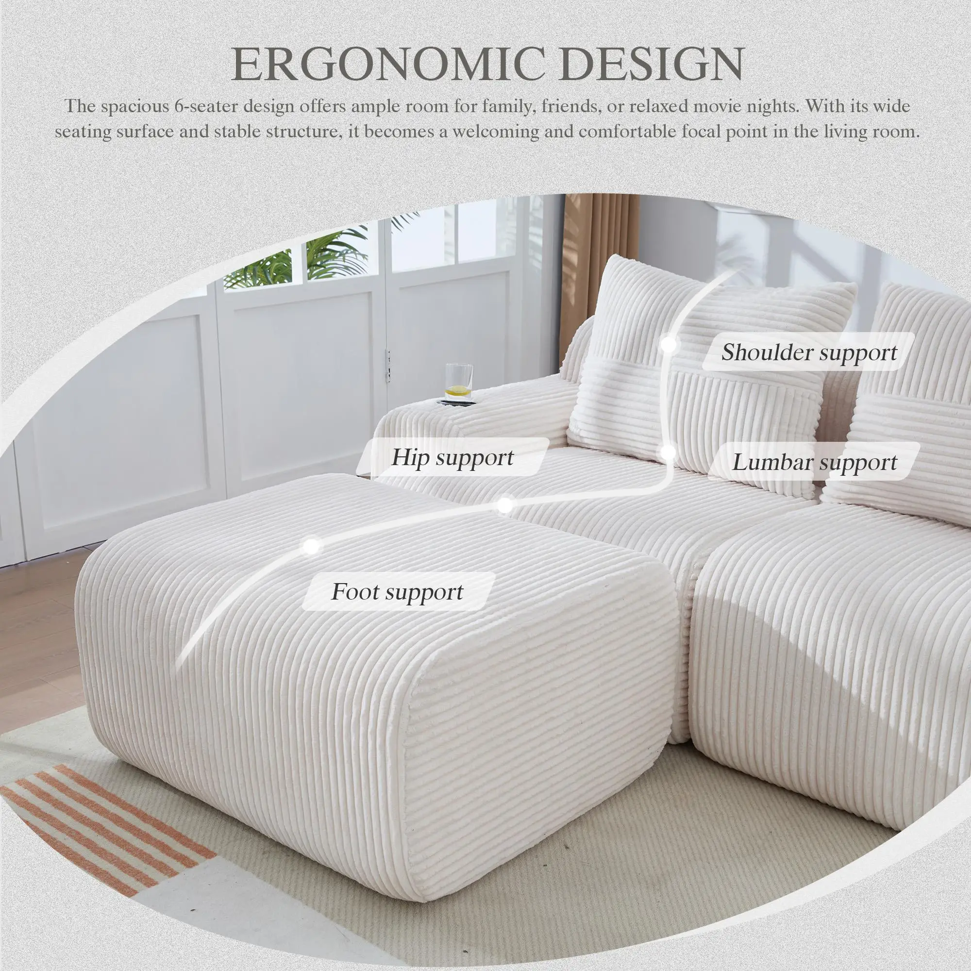 2 Seater Corduroy Sofa 200 x 174 x 80cm - Beige - 5