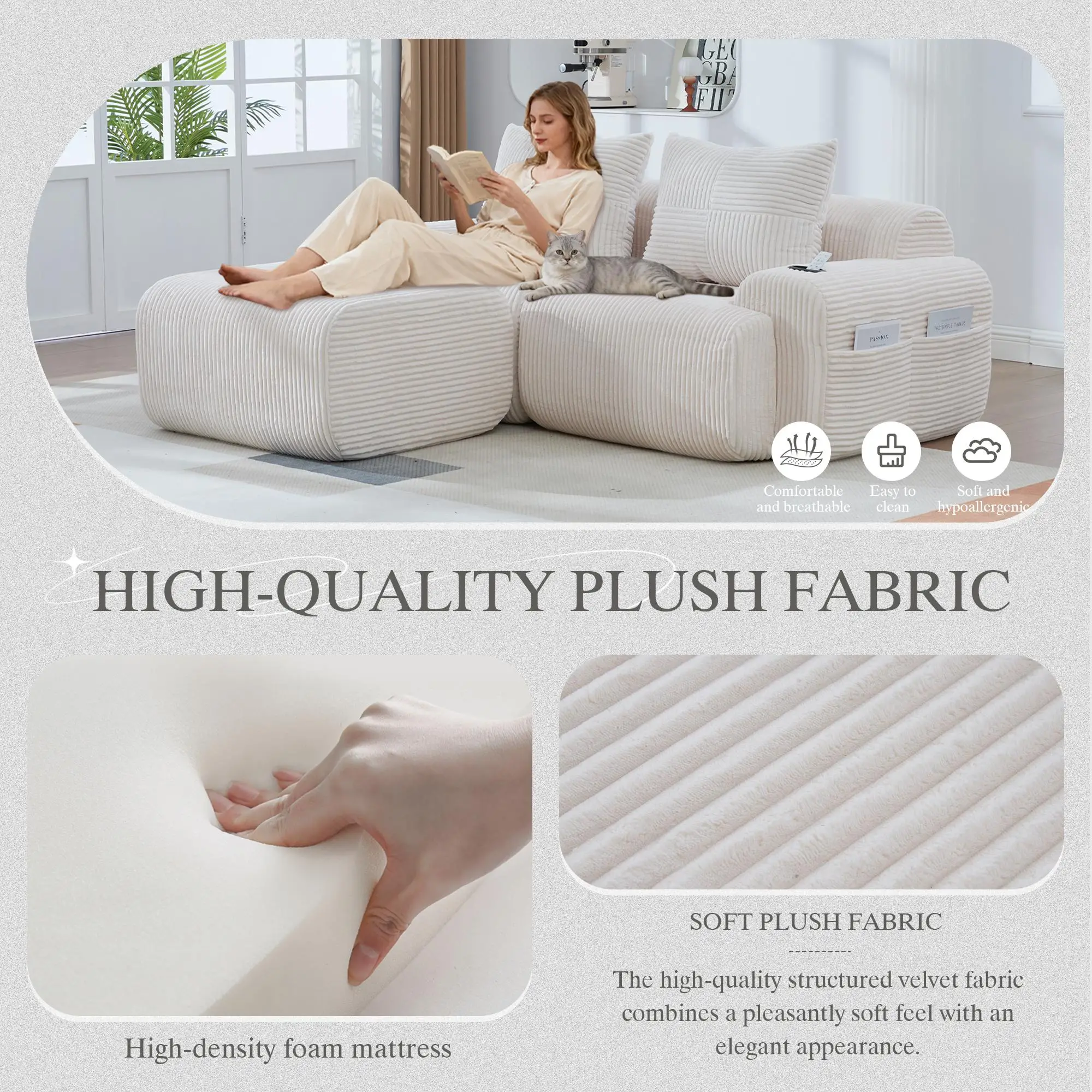 2 Seater Corduroy Sofa 200 x 174 x 80cm - Beige - 6