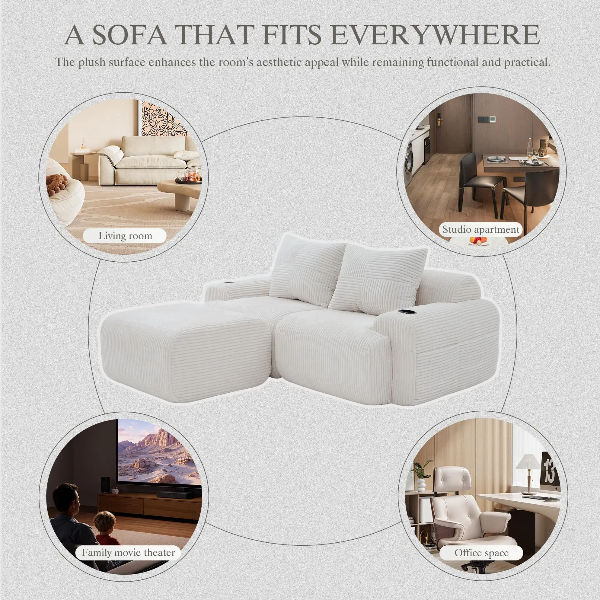2 Seater Corduroy Sofa 200 x 174 x 80cm - Beige - 8