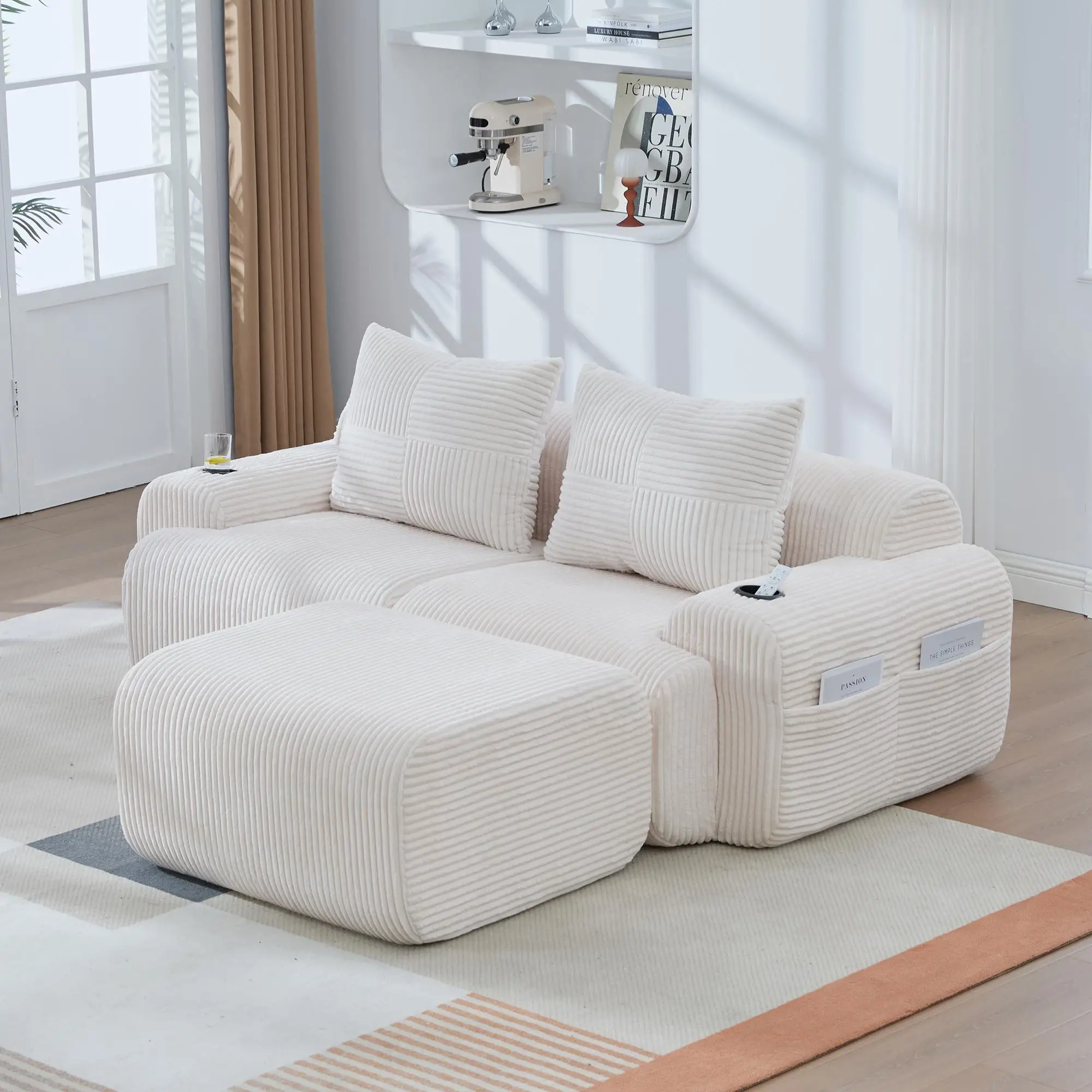 2 Seater Corduroy Sofa 200 x 174 x 80cm - Beige - 9