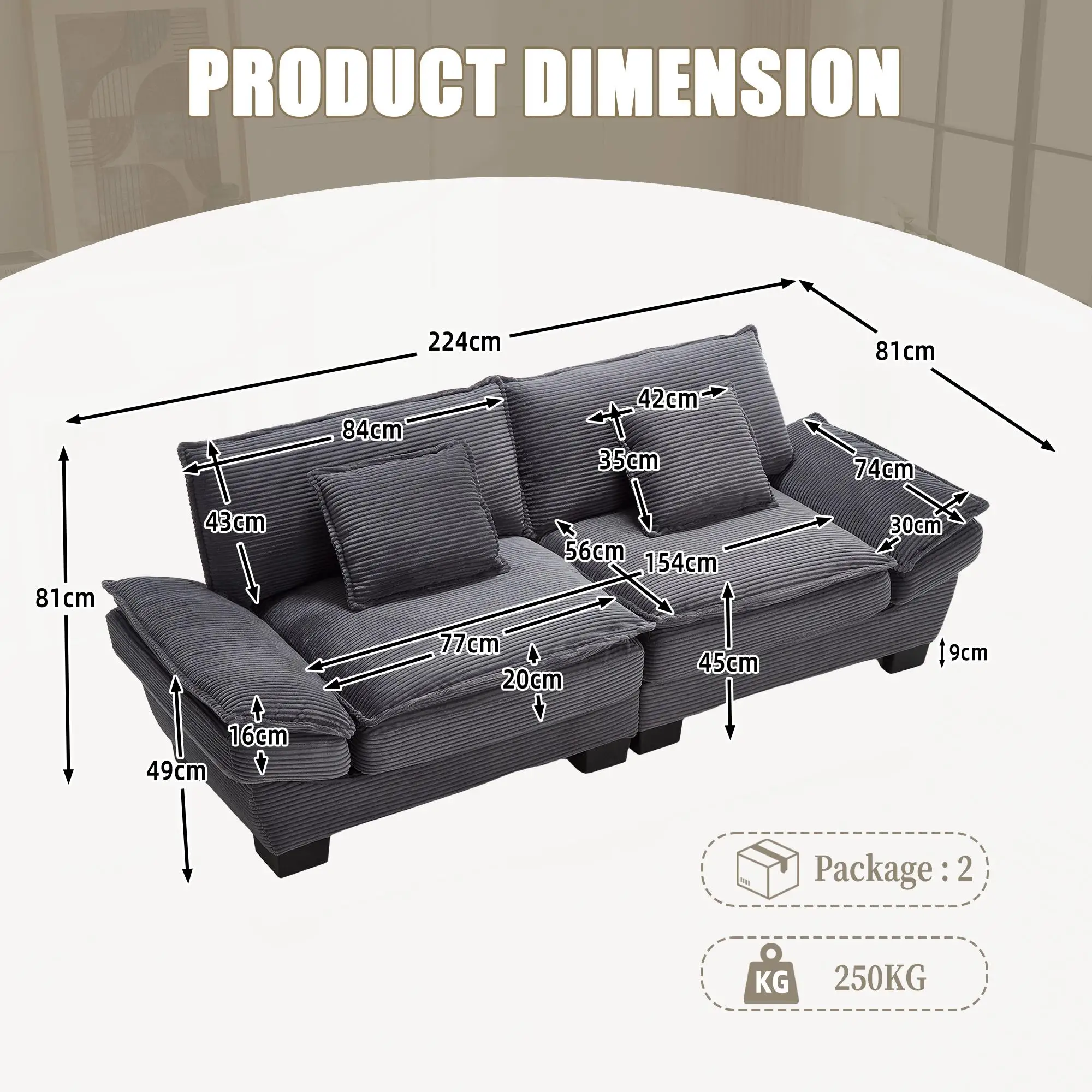 Corduroy Sofa 224 x 81 x 81cm - Dark Grey - 3