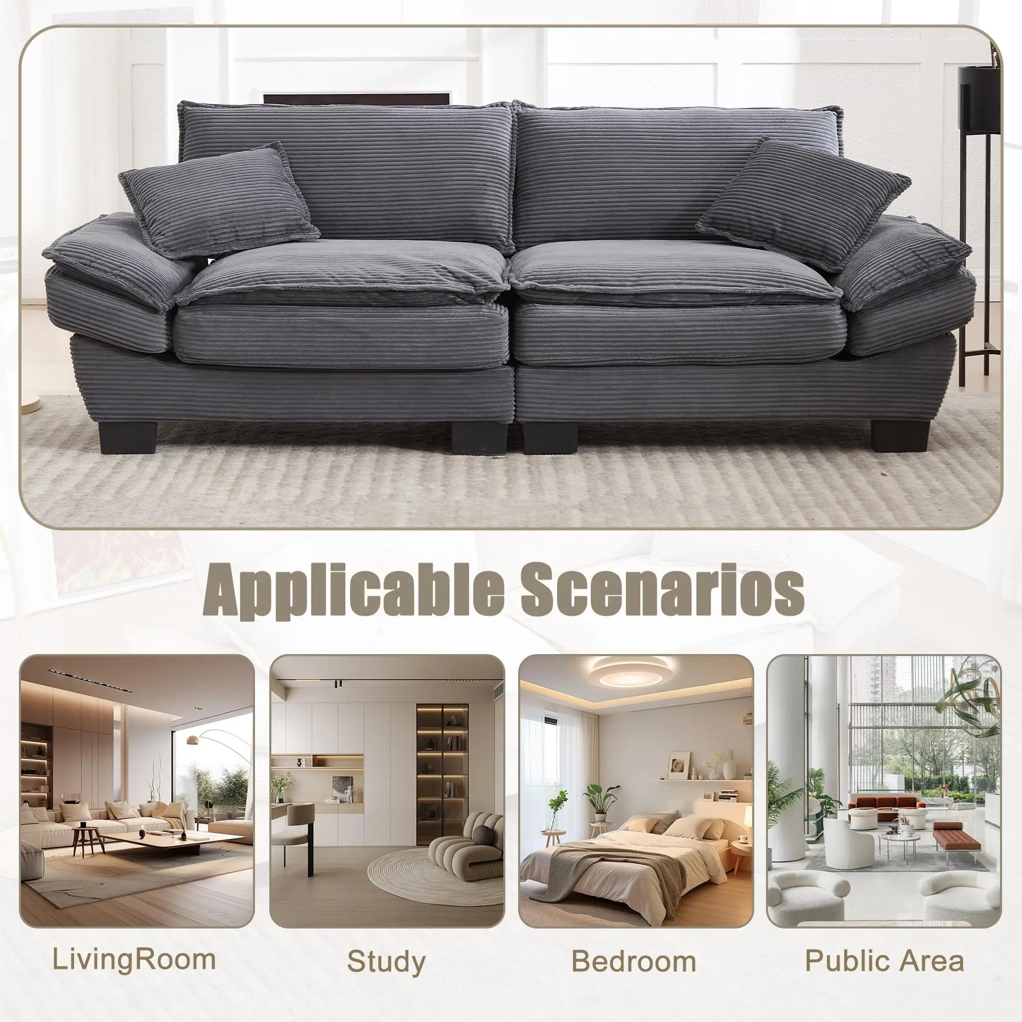 Corduroy Sofa 224 x 81 x 81cm - Dark Grey - 4