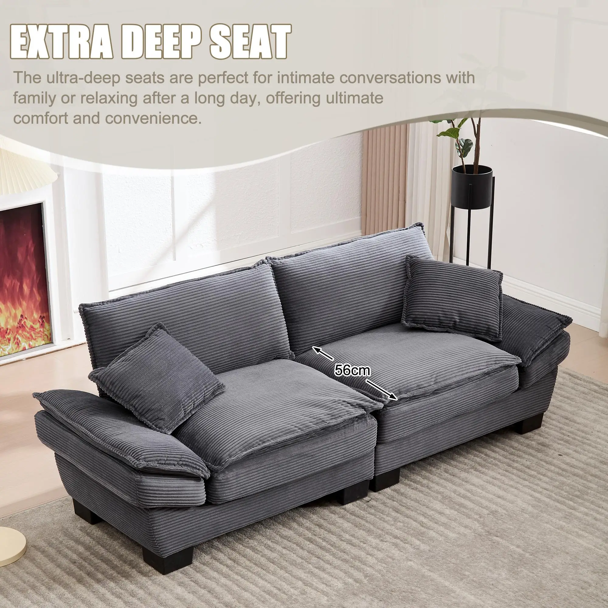 Corduroy Sofa 224 x 81 x 81cm - Dark Grey - 5