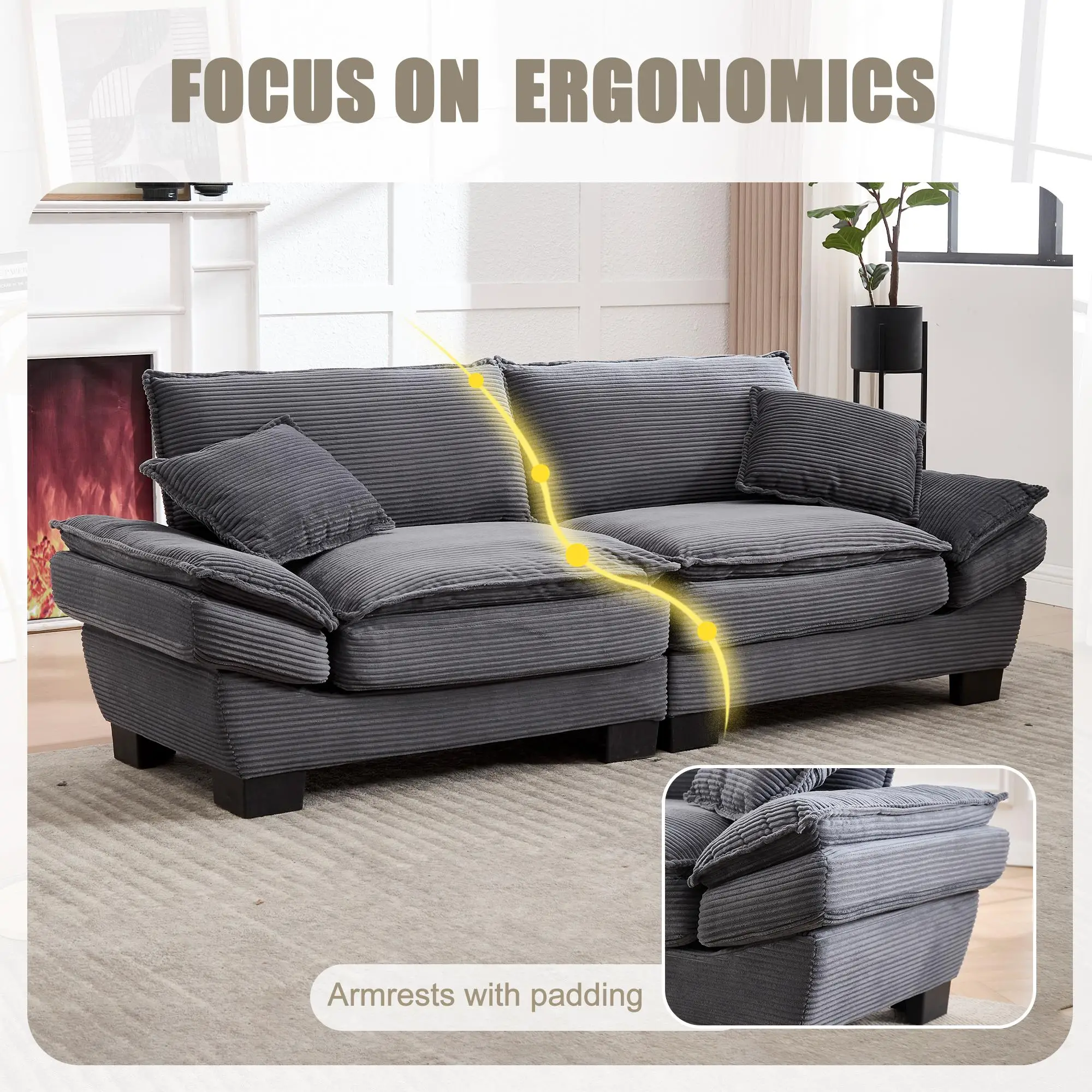 Corduroy Sofa 224 x 81 x 81cm - Dark Grey - 6