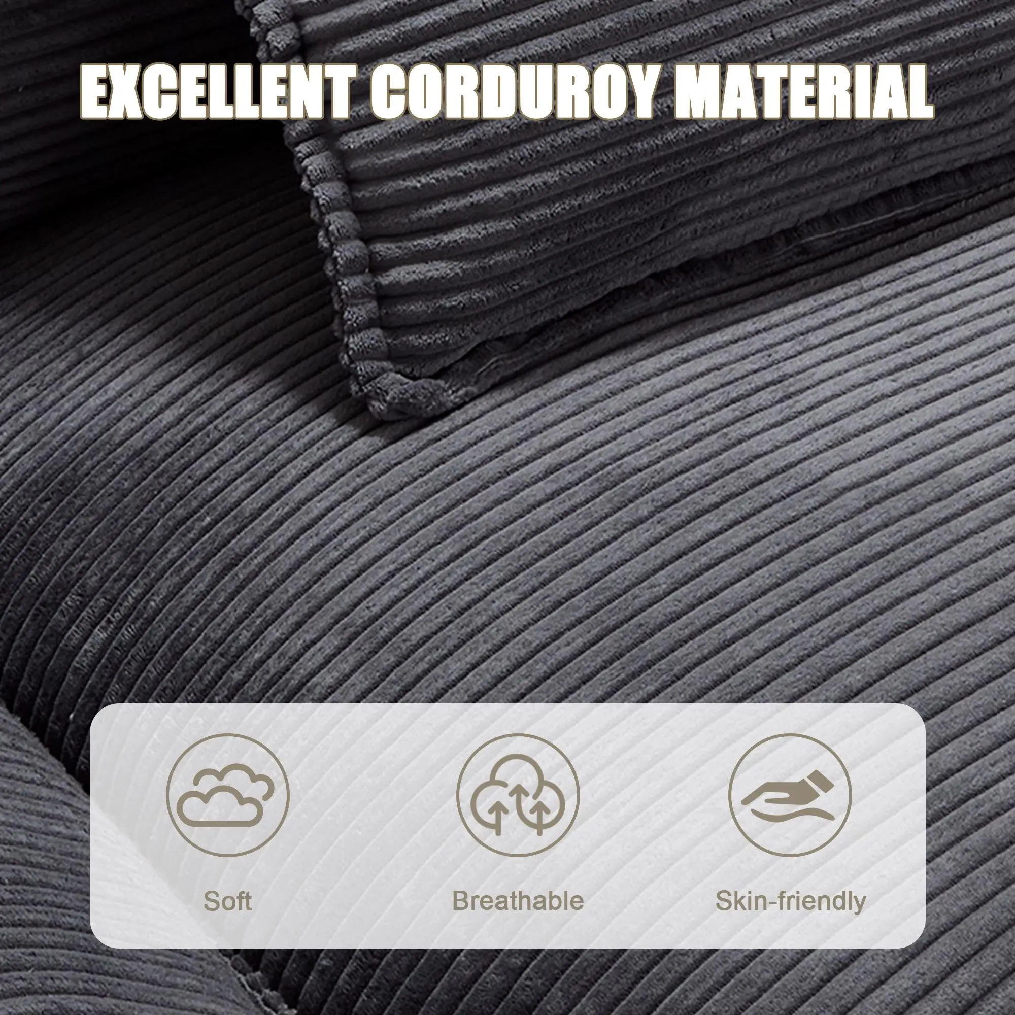 Corduroy Sofa 224 x 81 x 81cm - Dark Grey - 8