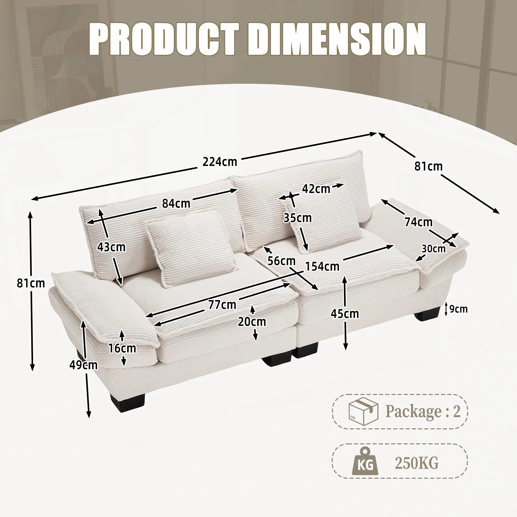 Corduroy Sofa 224 x 81 x 81cm - Beige - 3