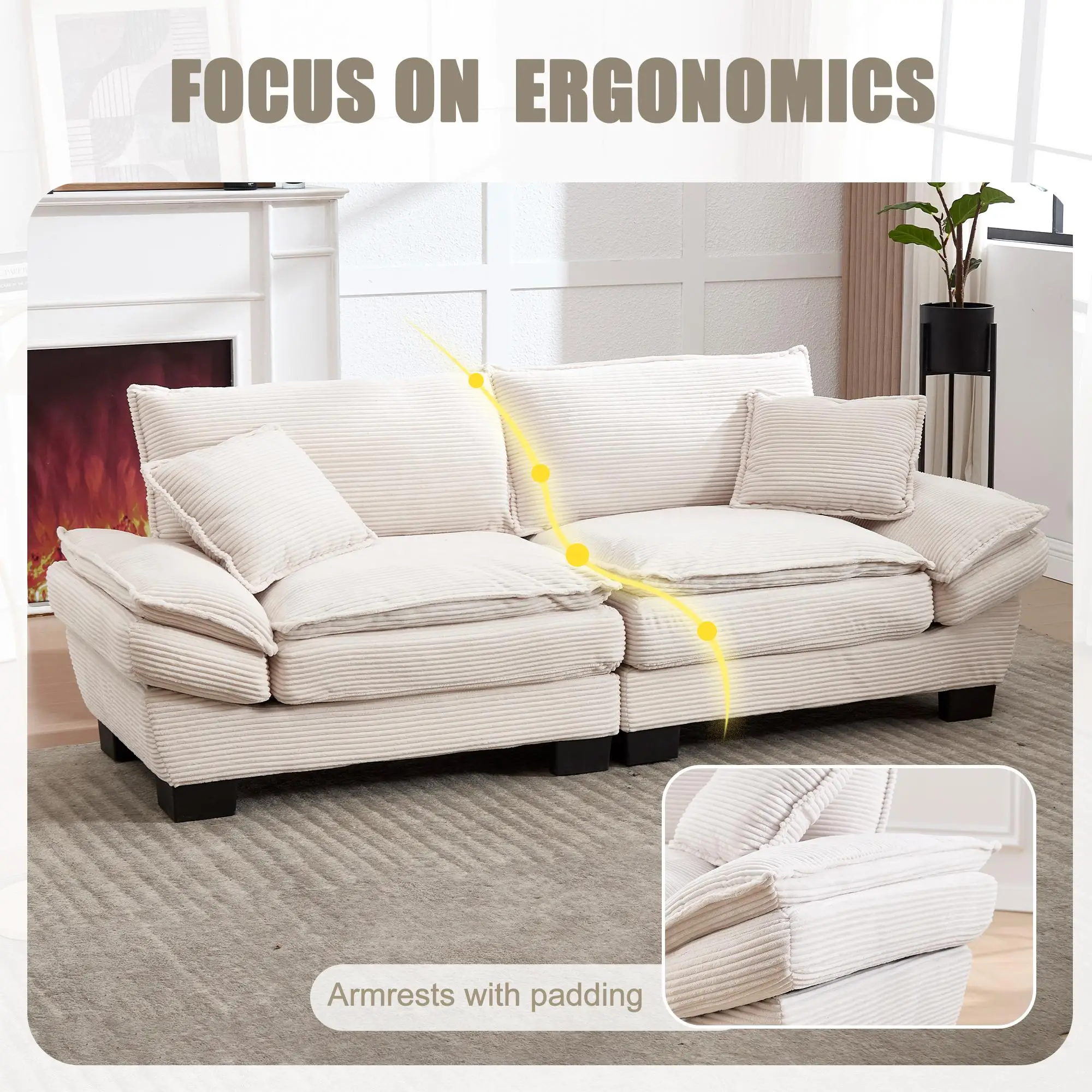 Corduroy Sofa 224 x 81 x 81cm - Beige - 4