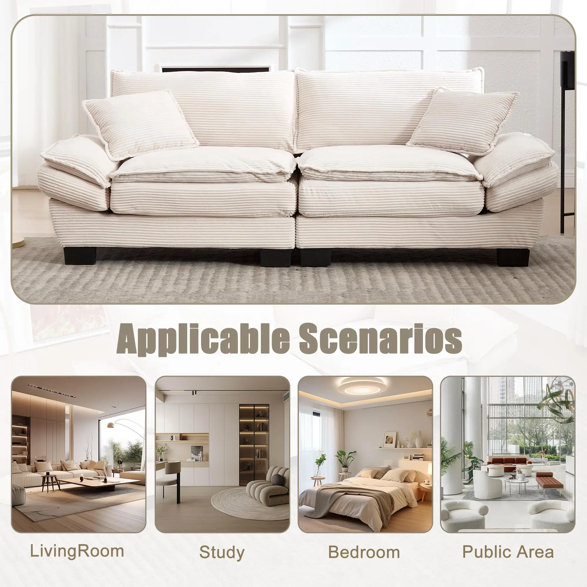 Corduroy Sofa 224 x 81 x 81cm - Beige - 6
