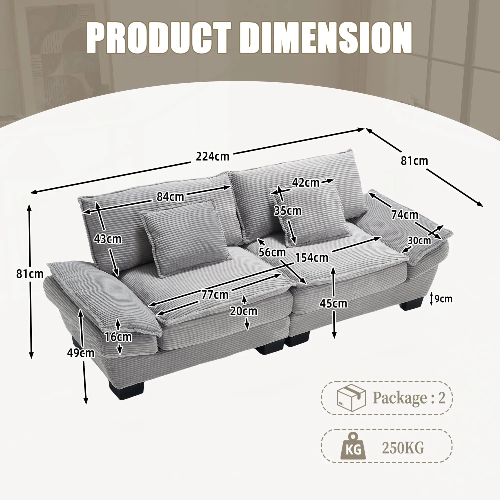 Corduroy Sofa 224 x 81 x 81cm - Light Grey - 3