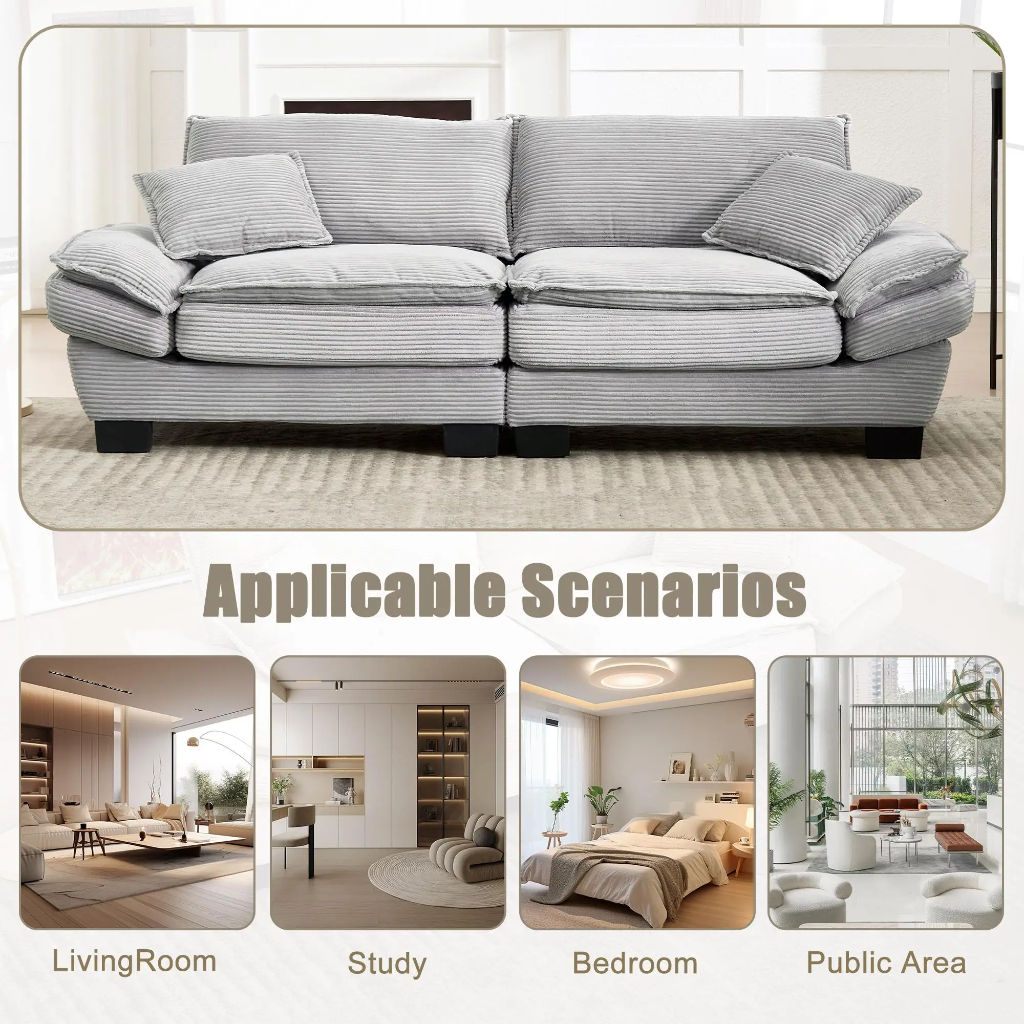 Corduroy Sofa 224 x 81 x 81cm - Light Grey - 4